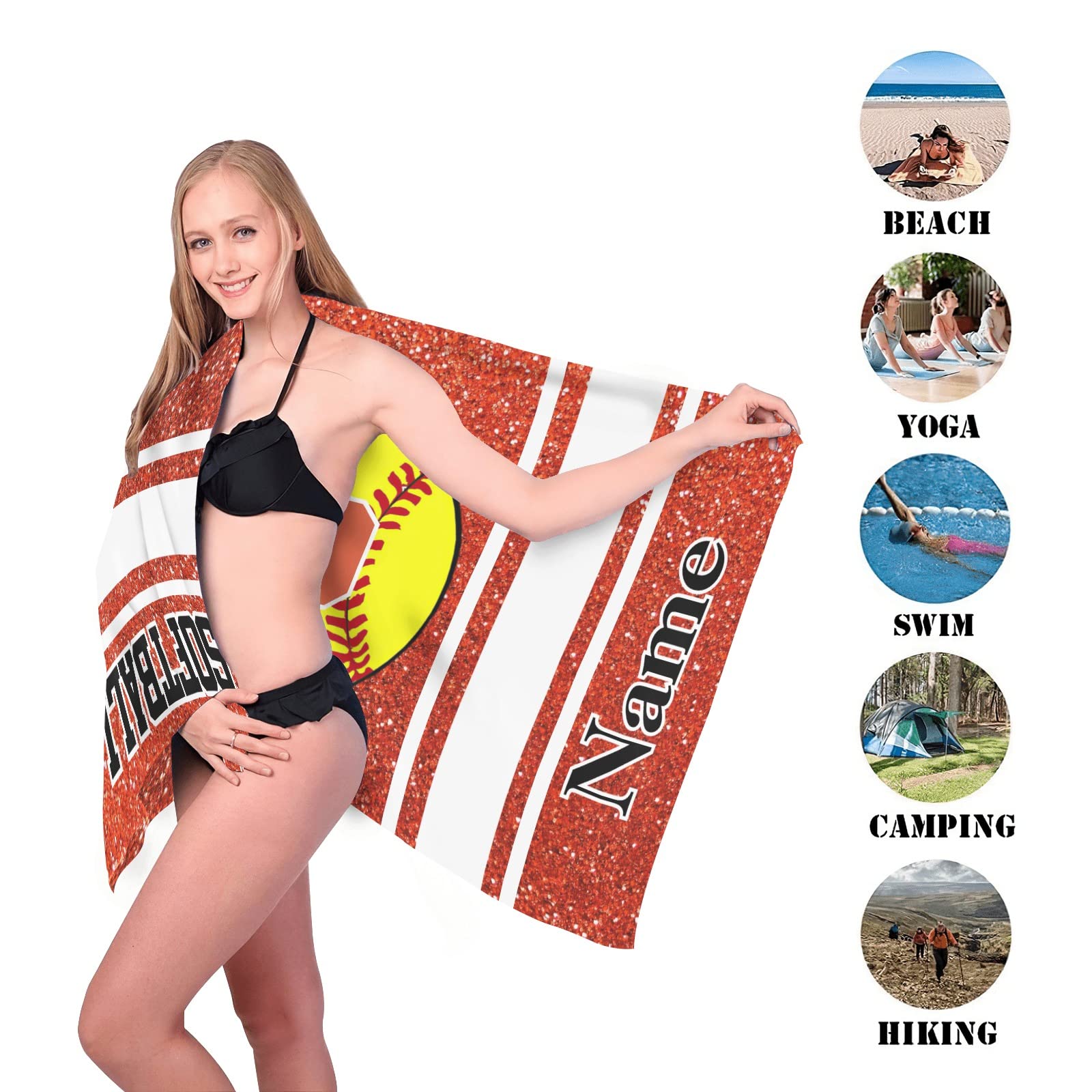 Custom Personalized Orange Red Softball Beach Towel - Large 30x60 Inch Oversized Baseball Sports Towel with 2-Sided Printing - Perfect for Beach, Pool, Games & Team Gifts