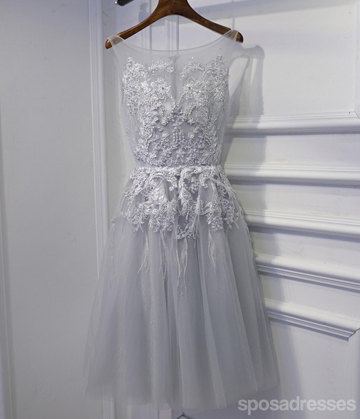 Elegant Gray Lace Beaded Short Prom Dress for Homecoming - Affordable Party Dress for Teens - Perfect for Dances, Parties & Special Occasions - Style CM262