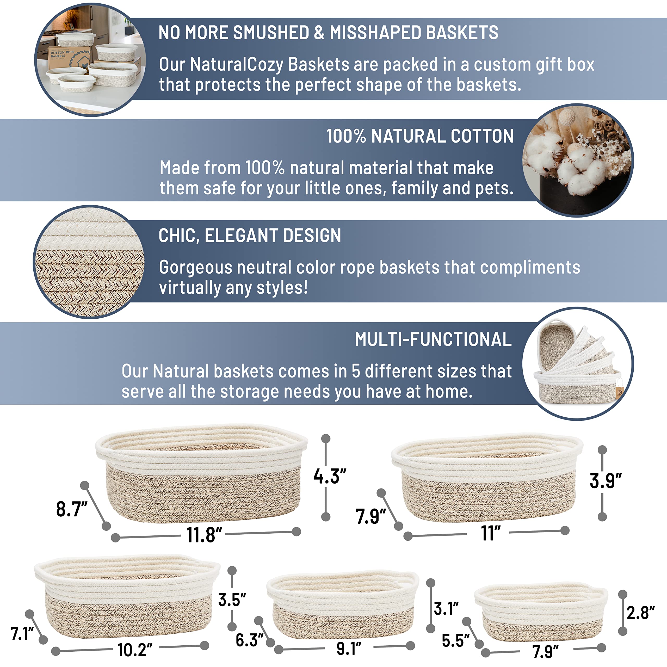 NaturalCozy 5-Piece Rectangle Storage Basket Set - Handwoven Cotton Rope Organizer Bins for Home, Nursery & Pet Toys | Perfect for Montessori, Baby Room, Dog & Cat Toy Storage, Bathroom Organization & Clutter Control