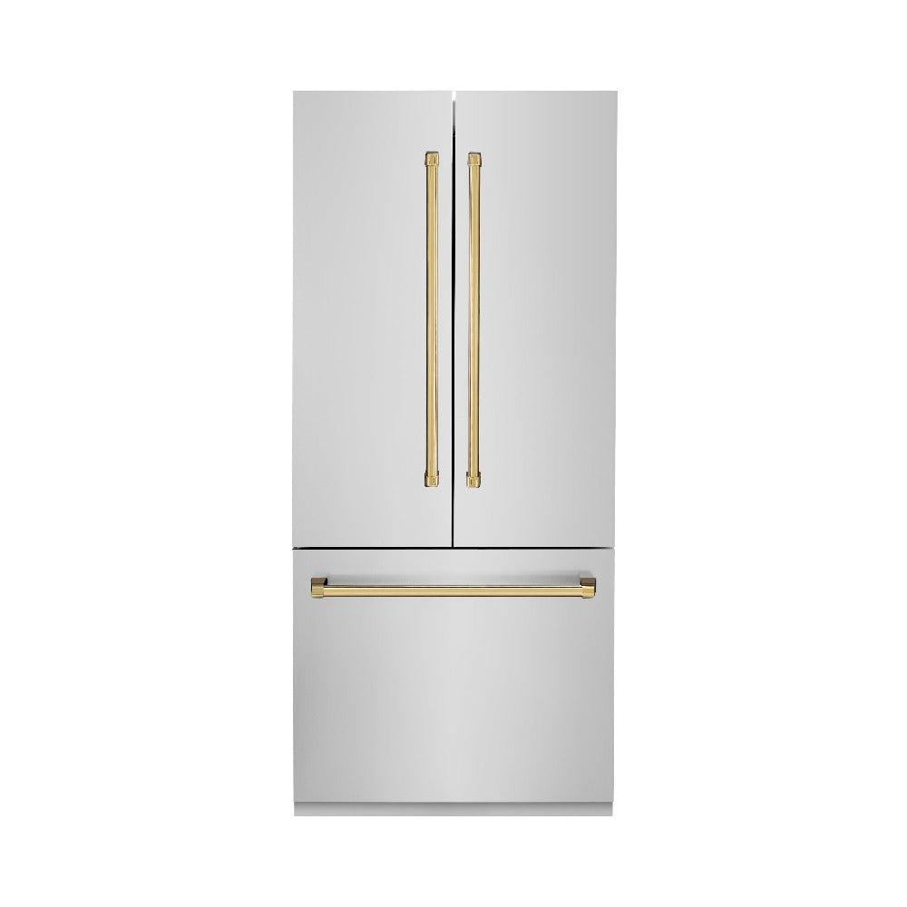 ZLINE Autograph Edition 36 Inch French Door Built-In Refrigerator with Bottom Freezer - 19.6 cu.ft Capacity, Stainless Steel with Polished Gold Accents, Water Dispenser & Ice Maker - Perfect for Modern Kitchens & Luxury Homes (RBIVZ 304 36 G)