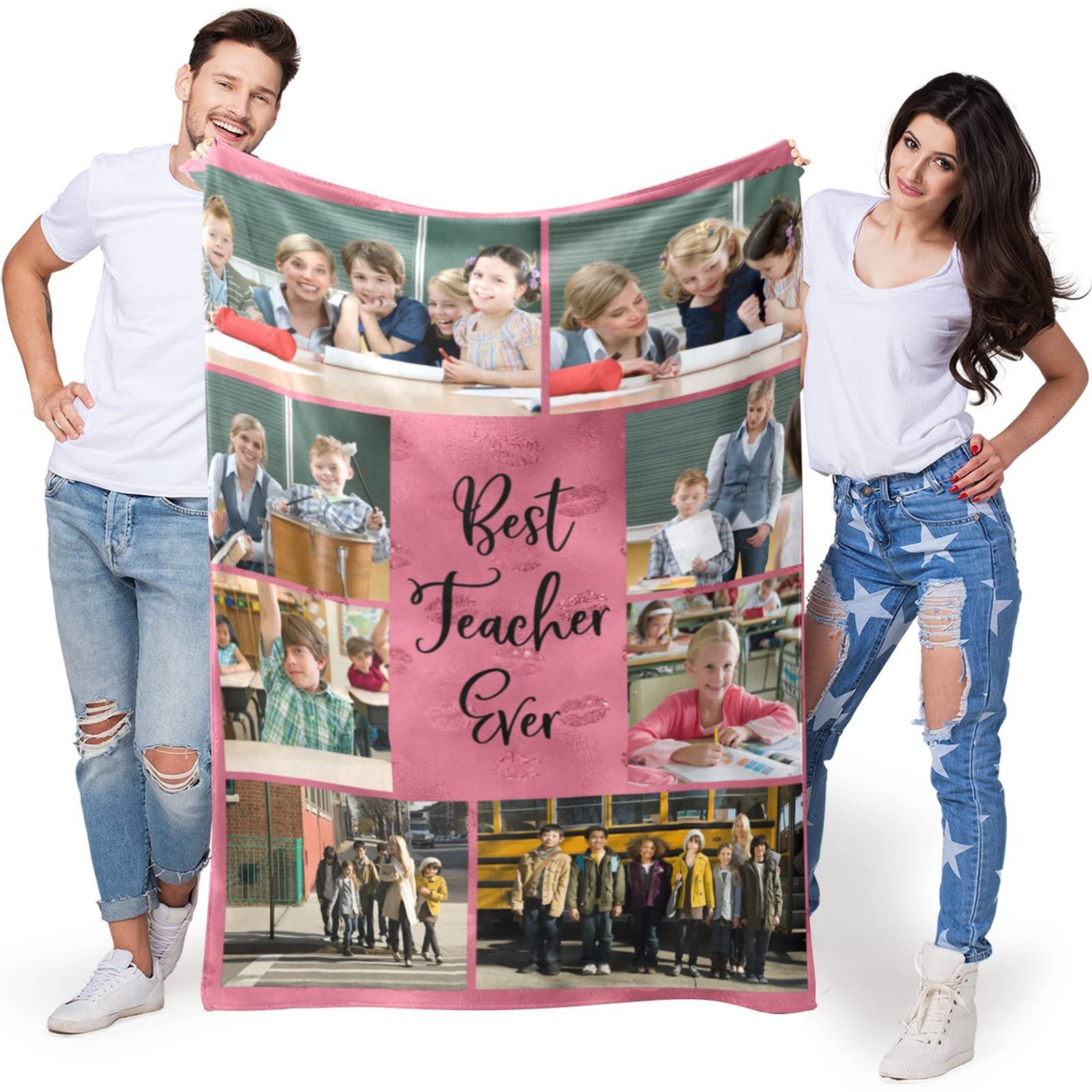 Best Teacher Ever Custom Photo Blanket - Personalized Teacher Gift with Your Own Photos & Text - Perfect for Teacher Appreciation Week, Retirement & Thank You Gifts