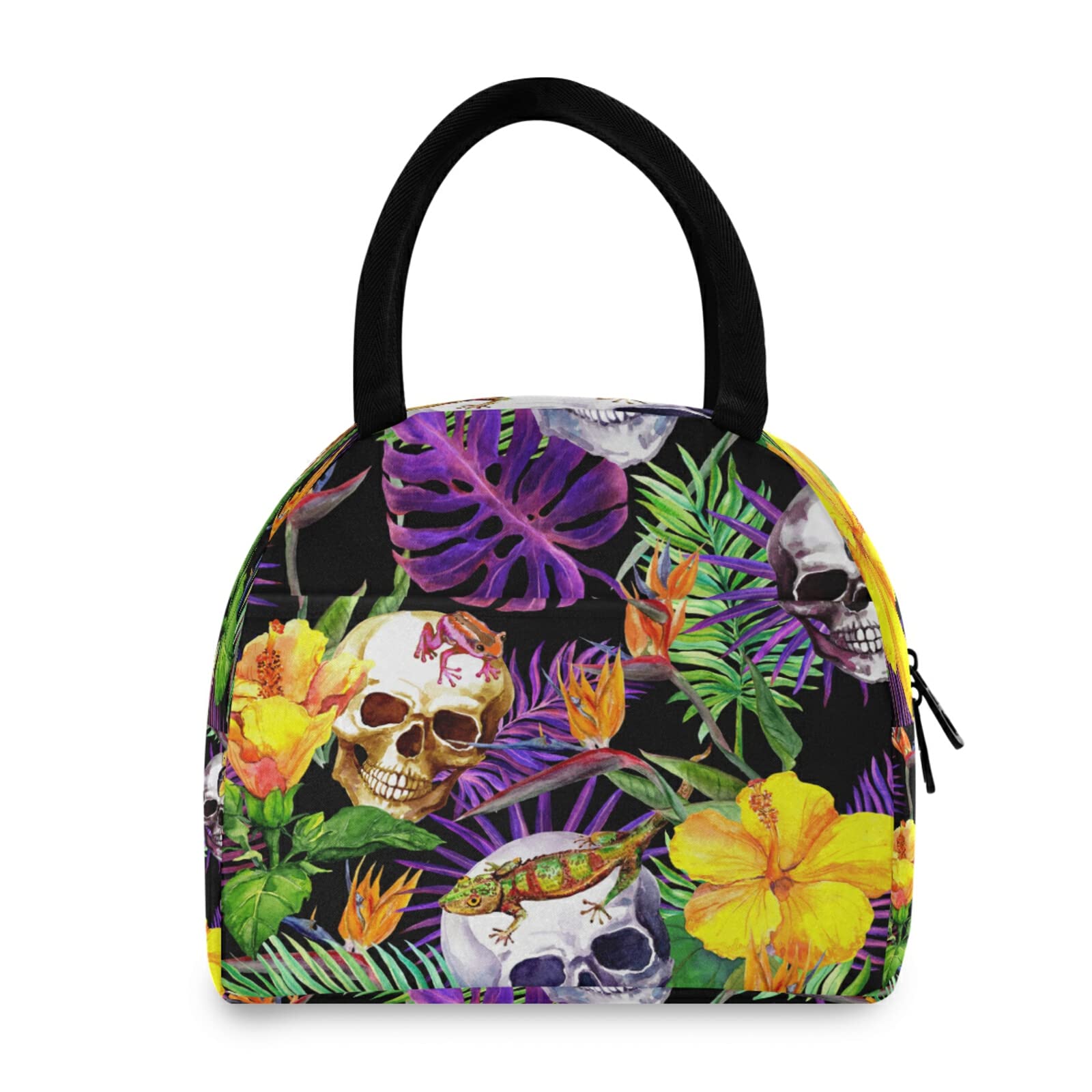 **Insulated Lunch Bag with Sugar Skull & Tropical Flower Design - Leakproof Zippered Lunch Tote for Women & Men - Large Cooler Bag with Front Pocket - Perfect for Work, School, Picnics & Travel**