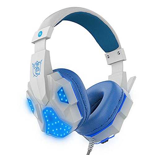 3.5mm Wired Gaming Headset with Microphone - LED Light Stereo Bass Surround Sound Headphones for PC/PS4/Xbox (White-Blue) - Perfect for Online Gaming, Streaming & Voice Chat