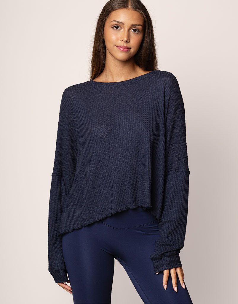 Oversized Waffle Knit Sweater Women's Navy Blue - Cozy Winter Pullover for Casual Outfits & Layering
