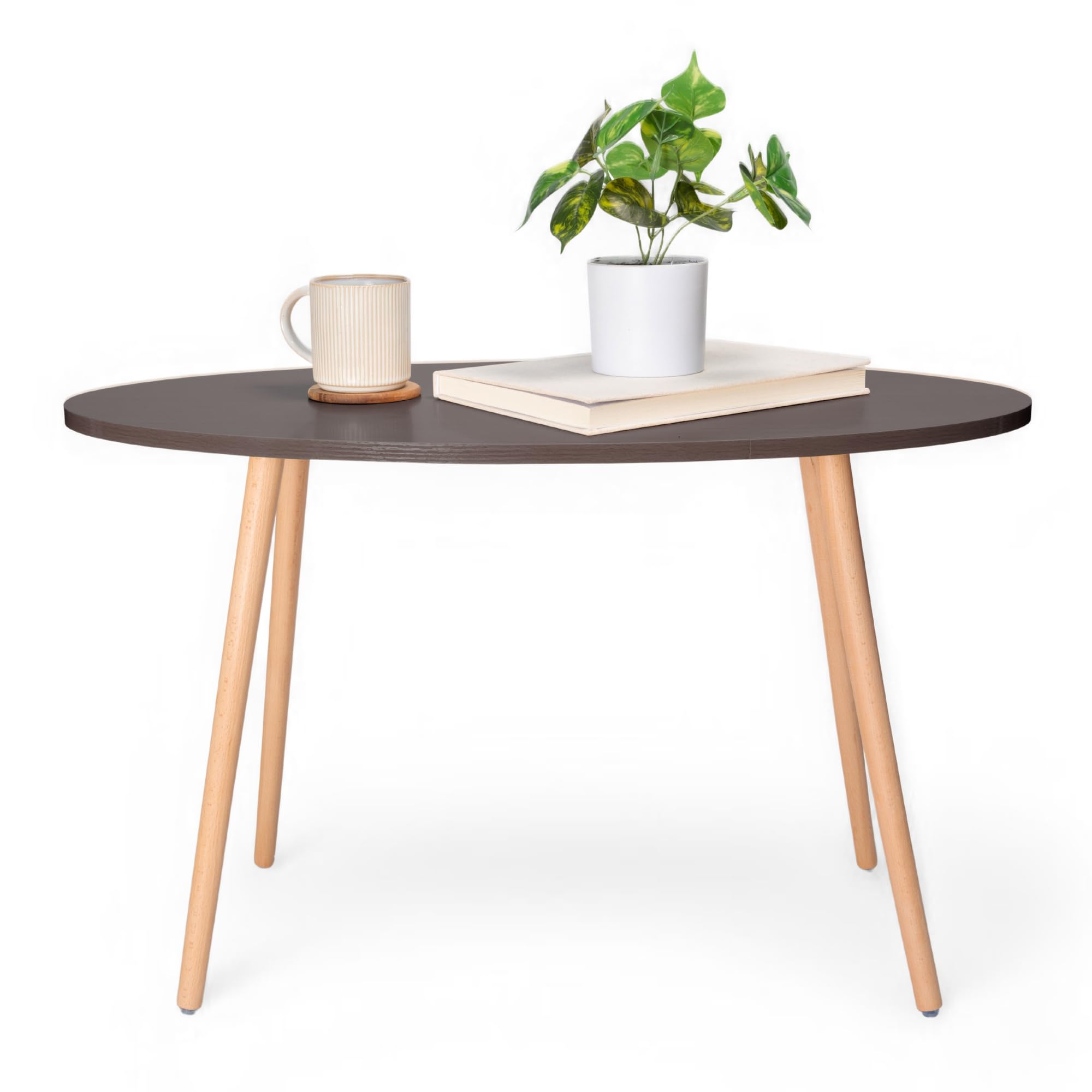 DECOMIL - Modern Oval Coffee Table & End Table for Small Spaces - Industrial Design for Living Room, Office, Balcony - Perfect for Coffee, Laptop Use - Brown Wood Finish - Compact Furniture for Apartments & Small Homes
