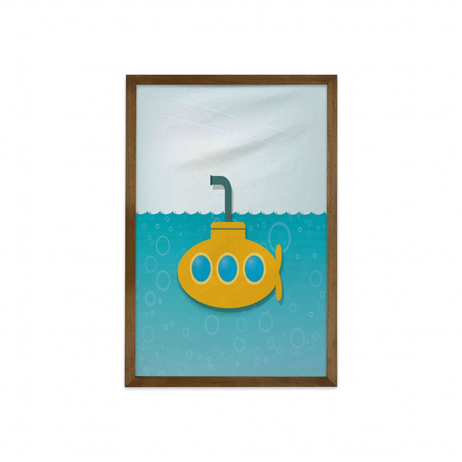 Ambesonne Yellow Submarine Framed Wall Art - Underwater Illustration with Bubbles, Teak Wood Frame Home Decor 23x35 Inches - Perfect for Living Room, Bedroom & Dorm in Earth Yellow & Pale Blue