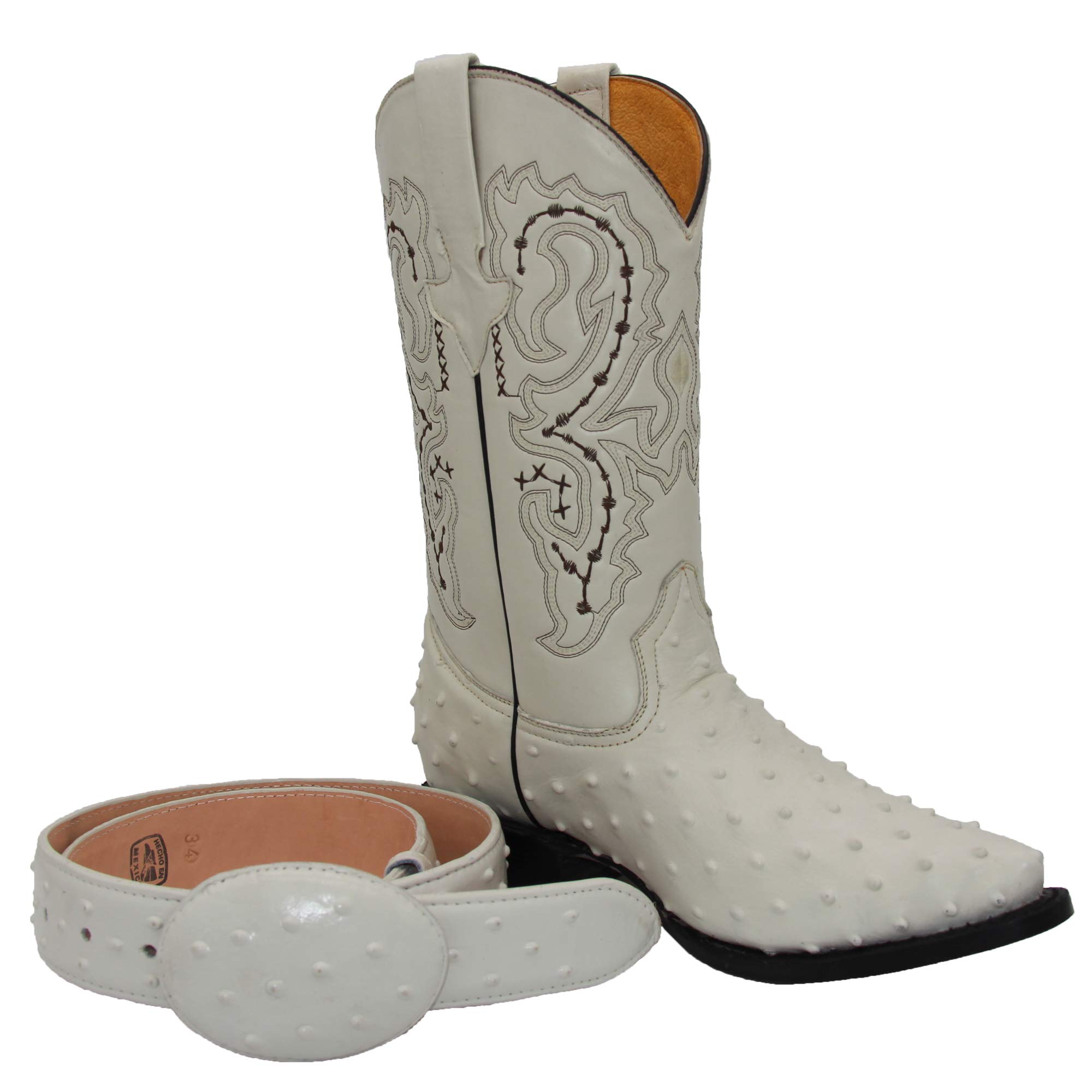 Premium Men's Leather Cowboy Boots - Genuine Embossed Ostrich Quill Print Western Boots with Free Matching Belt | Durable & Comfortable for Rodeo, Country Music Festivals & Western Fashion