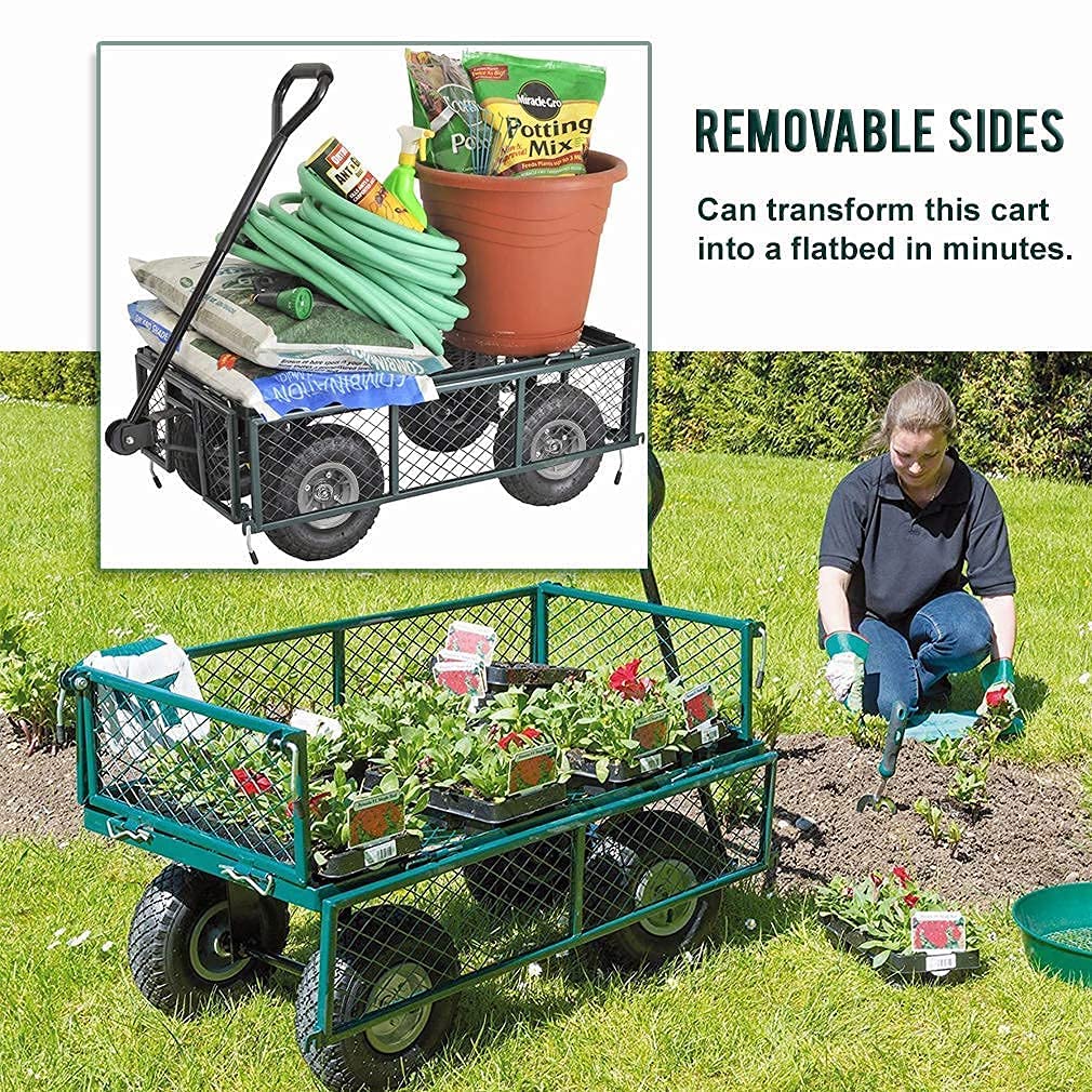 **Heavy Duty 650 lbs Capacity Garden Cart - 4-Wheel Steel Utility Wagon with Removable Sides for Yard, Lawn, Beach, Camping & Picnic - Collapsible Folding Green Outdoor Dump Wagon**    *(Perfect for Gardening, Landscaping, Hauling Firewood, Beach Trips, Camping Gear & Outdoor Adventures)*