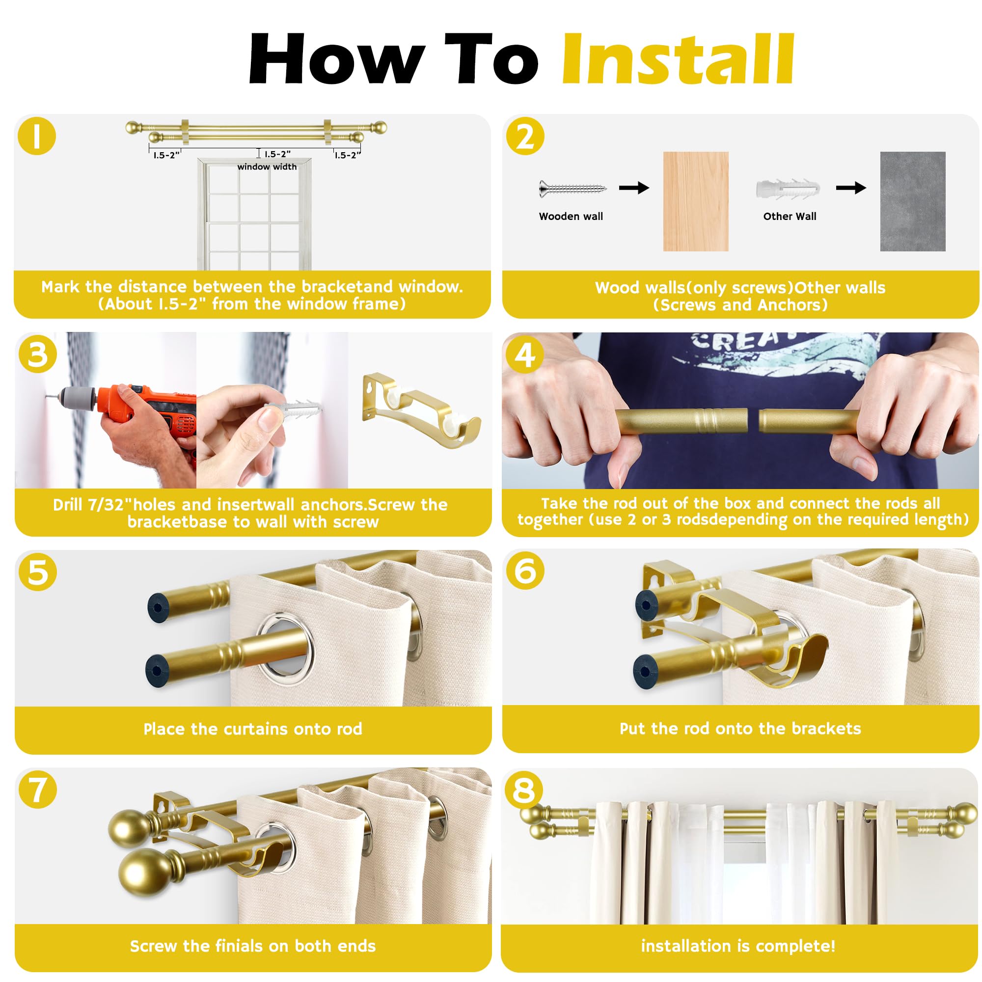 Double Curtain Rods for Windows 66-120 Inch - Gold Curtain Rod Set with 3 Brackets, 5/8