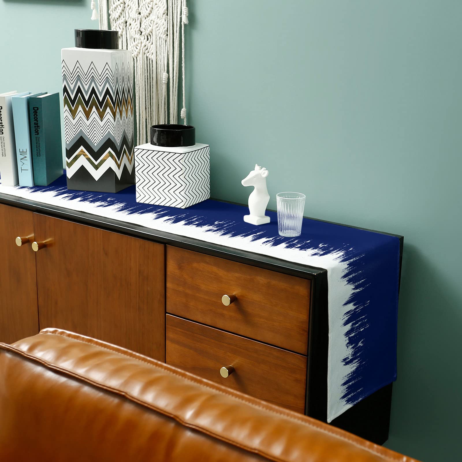 Navy Blue & White Textured Cotton Linen Table Runner - 36 Inch Long Modern Abstract Burlap Table Decor for Dining, Coffee Tables, Parties & Weddings | Perfect for Farmhouse, Rustic & Boho Home Decor