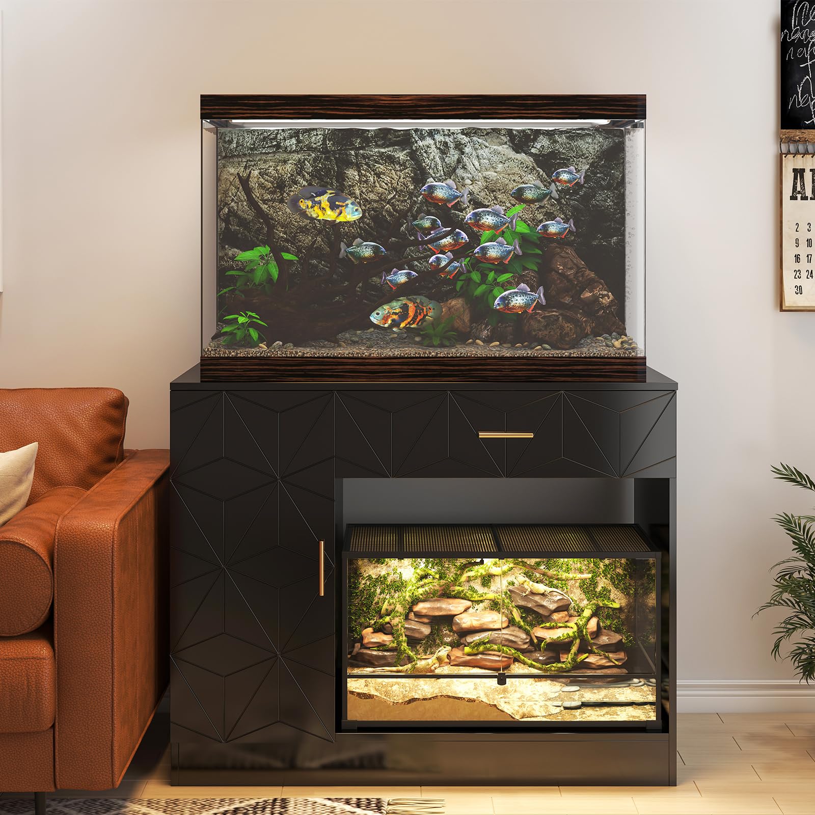 40 Gallon Fish Tank Stand - Heavy Duty Black Aquarium Stand for 29-50 Gallon Tanks with Drawer & Cabinet - Sturdy & Durable for Home, Office or Pet Store Use