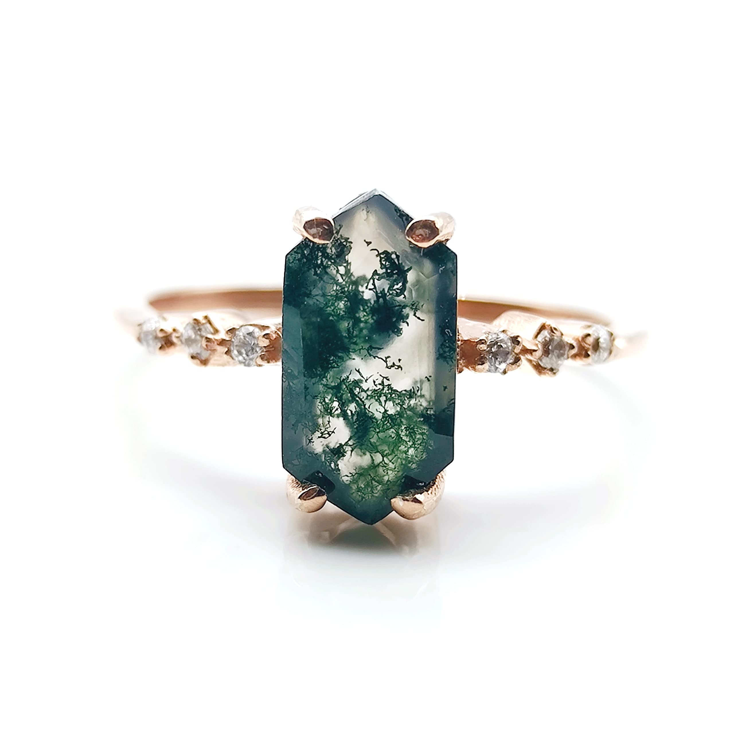 Natural Moss Agate Hexagon Ring for Women - Rose Gold, White, Green & Silver Stackable Promise Ring | Elegant Birthstone Jewelry Gift for Her, Anniversary & Special Occasions | Perfect for Stacking, Layering & Everyday Wear