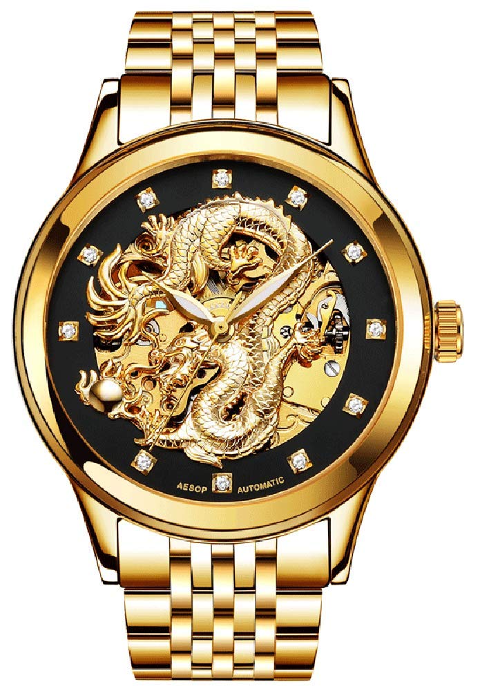 Gosasa Men's Luxury Automatic Mechanical Watch - Dragon Collection, Gold Carved Dial, Waterproof, for Business, Formal & Casual Wear