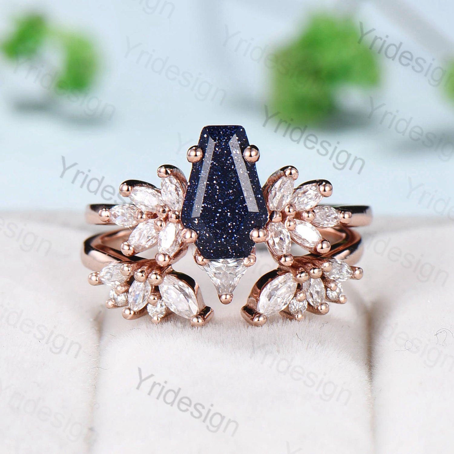 Vintage Blue Sandstone Coffin-Shaped Ring Set - Unique Moissanite Engagement & Wedding Promise Ring for Women - Gothic Galaxy Jewelry for Bridal, Cosplay, and Dark Aesthetic Fashion