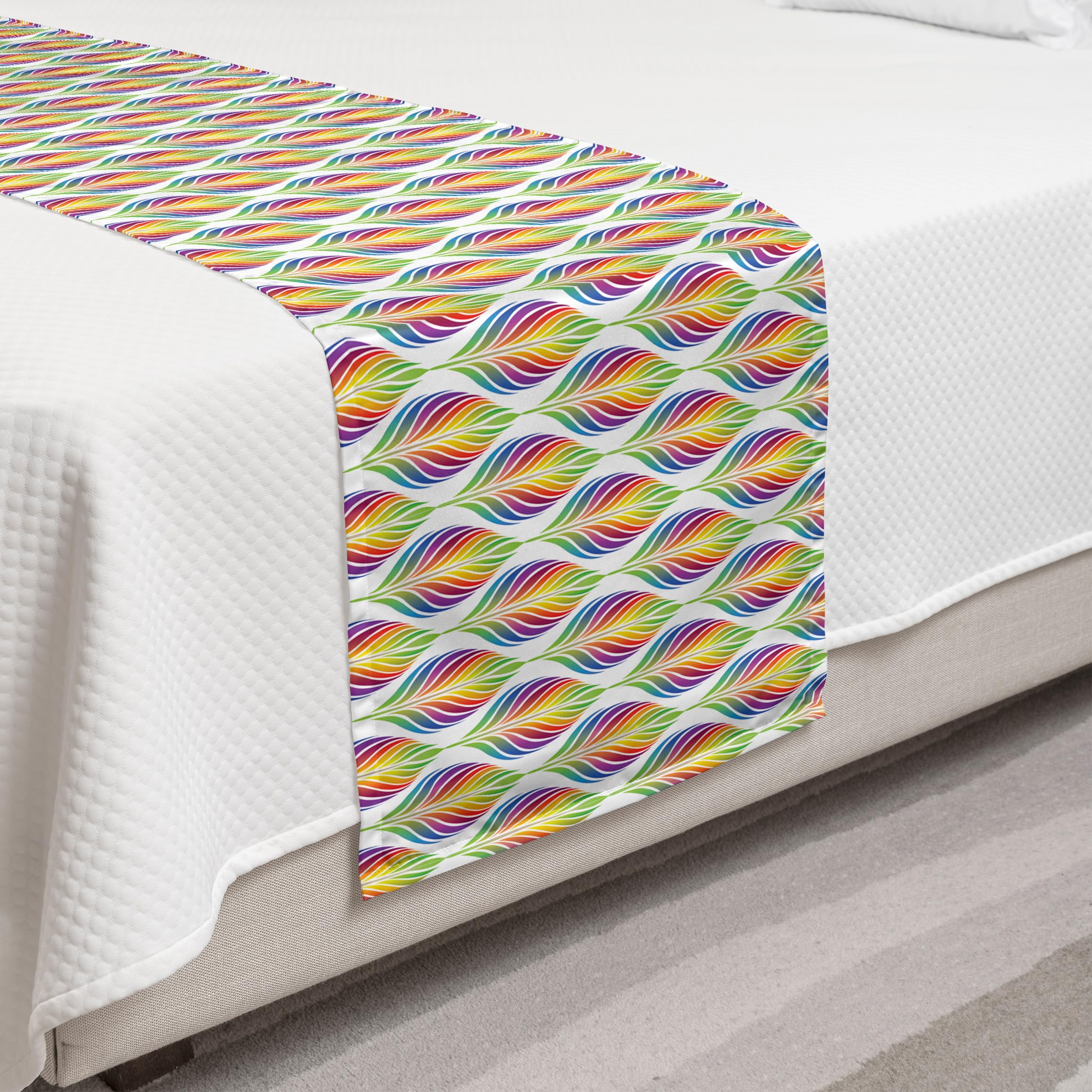 Ambesonne Colorful Bed Runner - Abstract Rainbow Leaf Motif Repeating Vertical Design, Decorative Bed Scarf for Hotels, Homes & Guest Rooms | Perfect for Master Bedrooms, Airbnb Listings & Luxury Bedroom Decor
