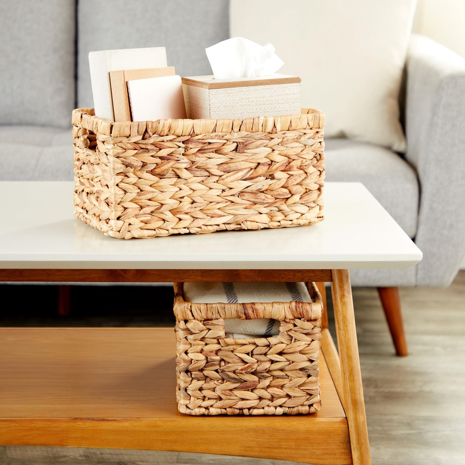 2 Pack Small Rectangular Wicker Baskets - 6 Inch Wide Handwoven Water Hyacinth Storage Bins for Shelves | Perfect for Home Organization, Bathroom & Kitchen Storage, Decorative Display