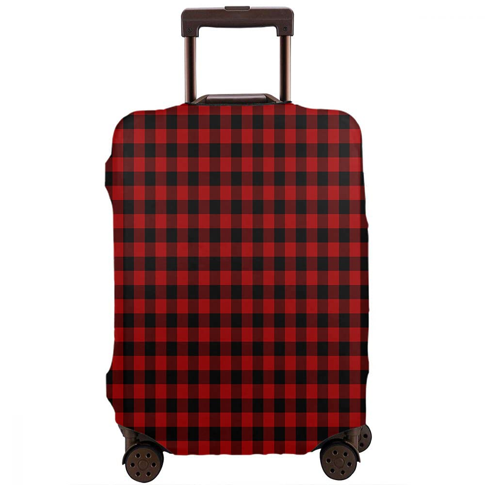 Wondertify Tartan Checkered Luggage Cover - British Traditional Geometric Plaid Elastic Suitcase Protector (29-32 Inch) - Washable with Concealed Zipper - Red & Black Travel Accessory for Vacation, Business Trips & Airplane Travel