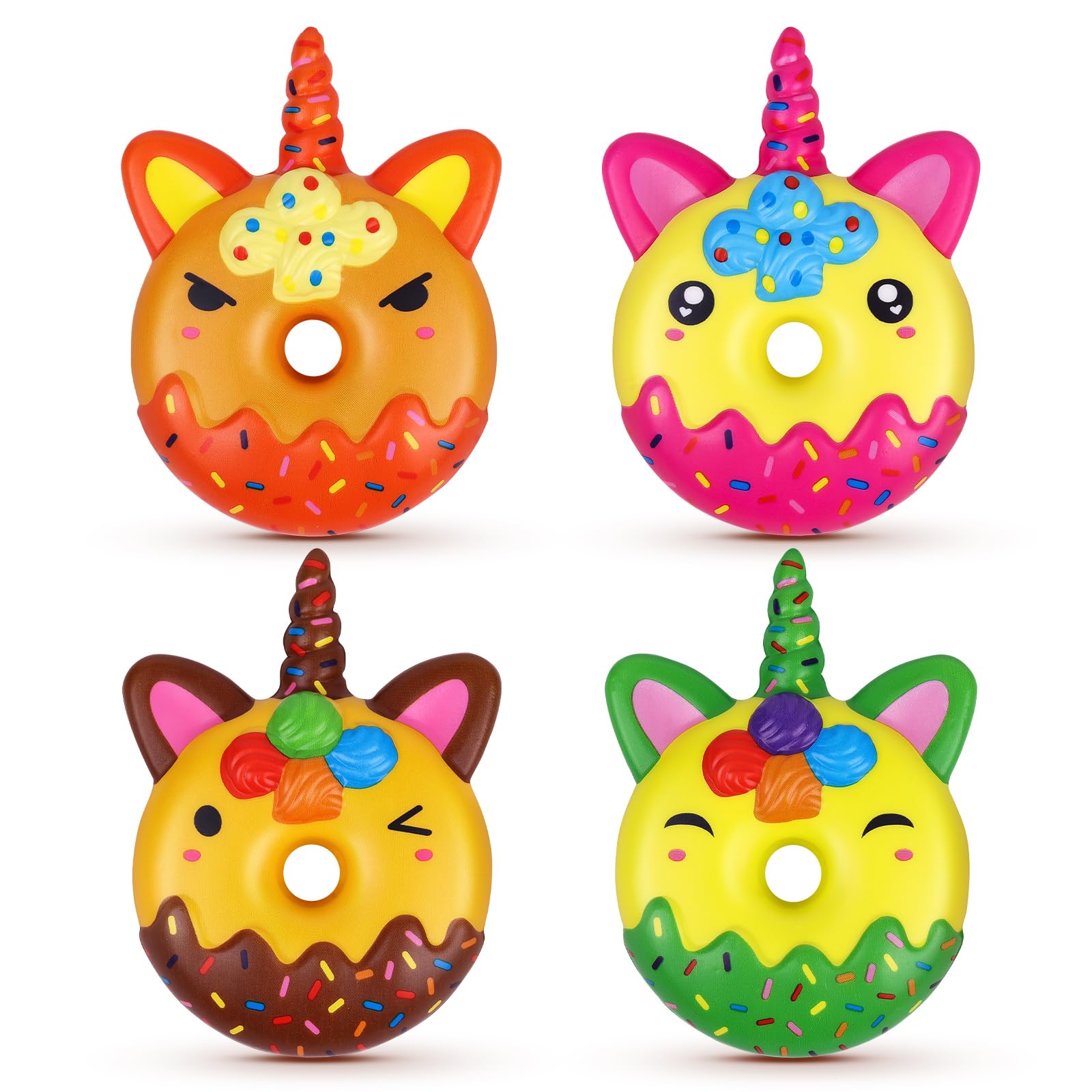 Anboor 4pcs Unicorn Donut Squishies - Stress Relief Toys for Kids Birthday Gifts & Party Favors