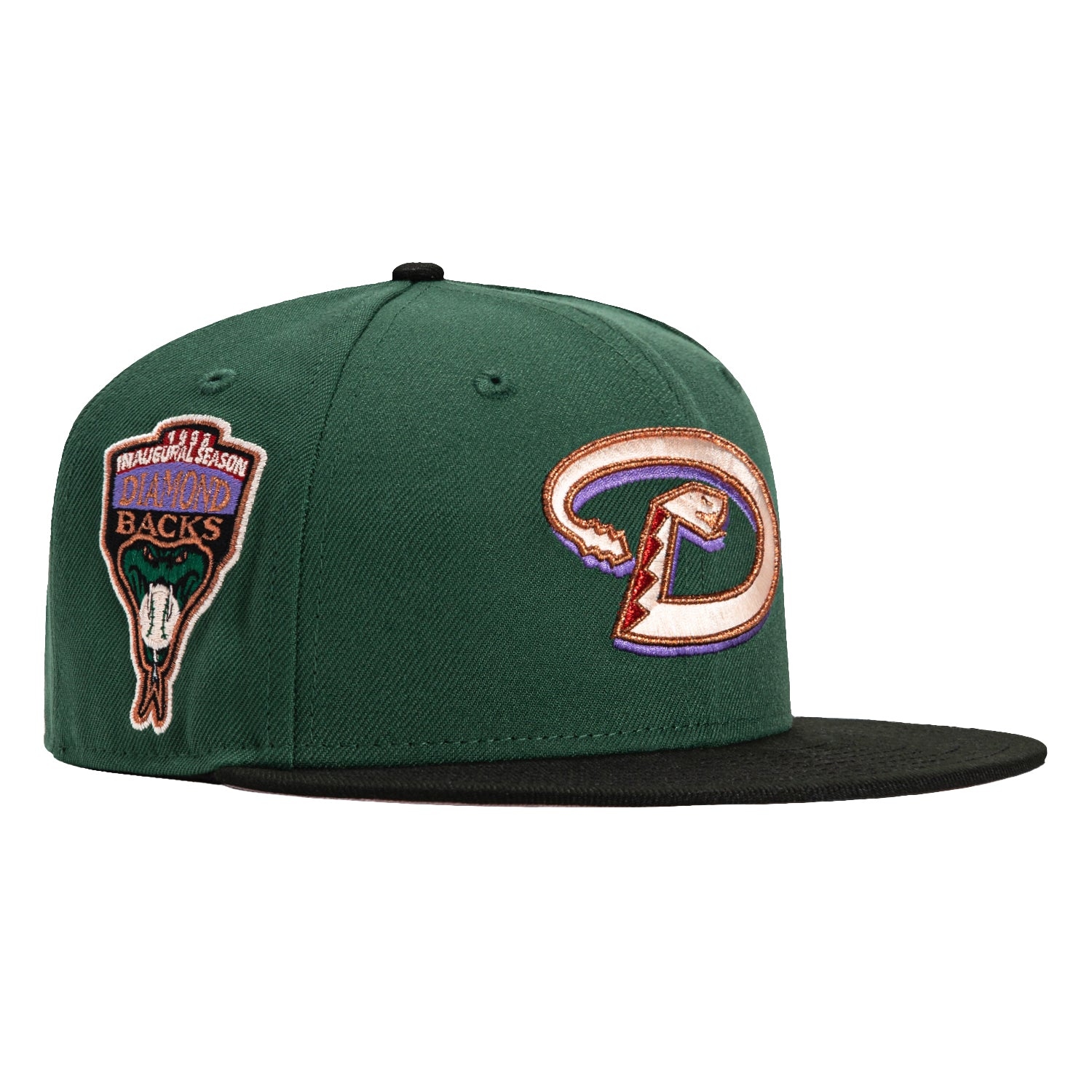 New Era 59Fifty Arizona Diamondbacks MLB Baseball Cap with Inaugural Patch - Green, Black, Apricot & Metallic Copper - Adjustable Snapback Hat for Men & Women - Perfect for Baseball Games, Sports Fans & Streetwear Fashion