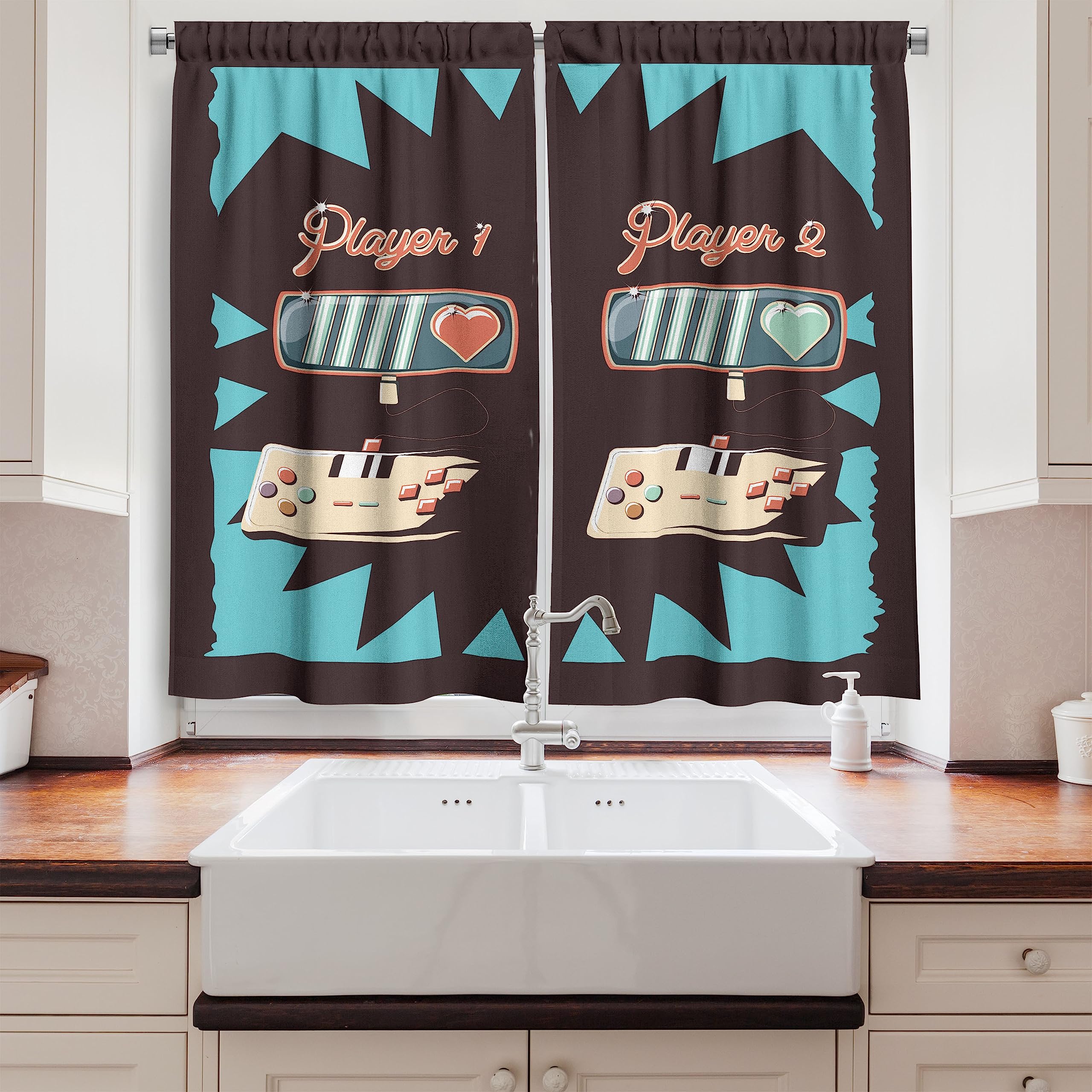 Ambesonne Gaming Long Kitchen Curtains - Nostalgic Gameboy Design for Multiple Players, Retro Childhood Memories, 2 Panel Rod Pocket Drapes 55