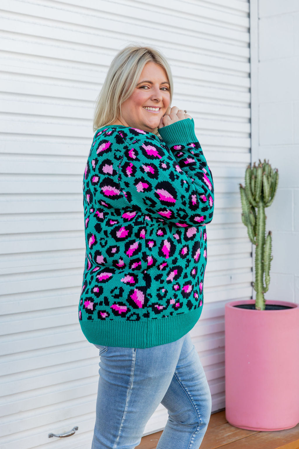 Kasey Rainbow Frankie Knit Sweater - Green Leopard Print Women's Pullover | Cozy Winter Fashion for Casual Outings & Holiday Gatherings