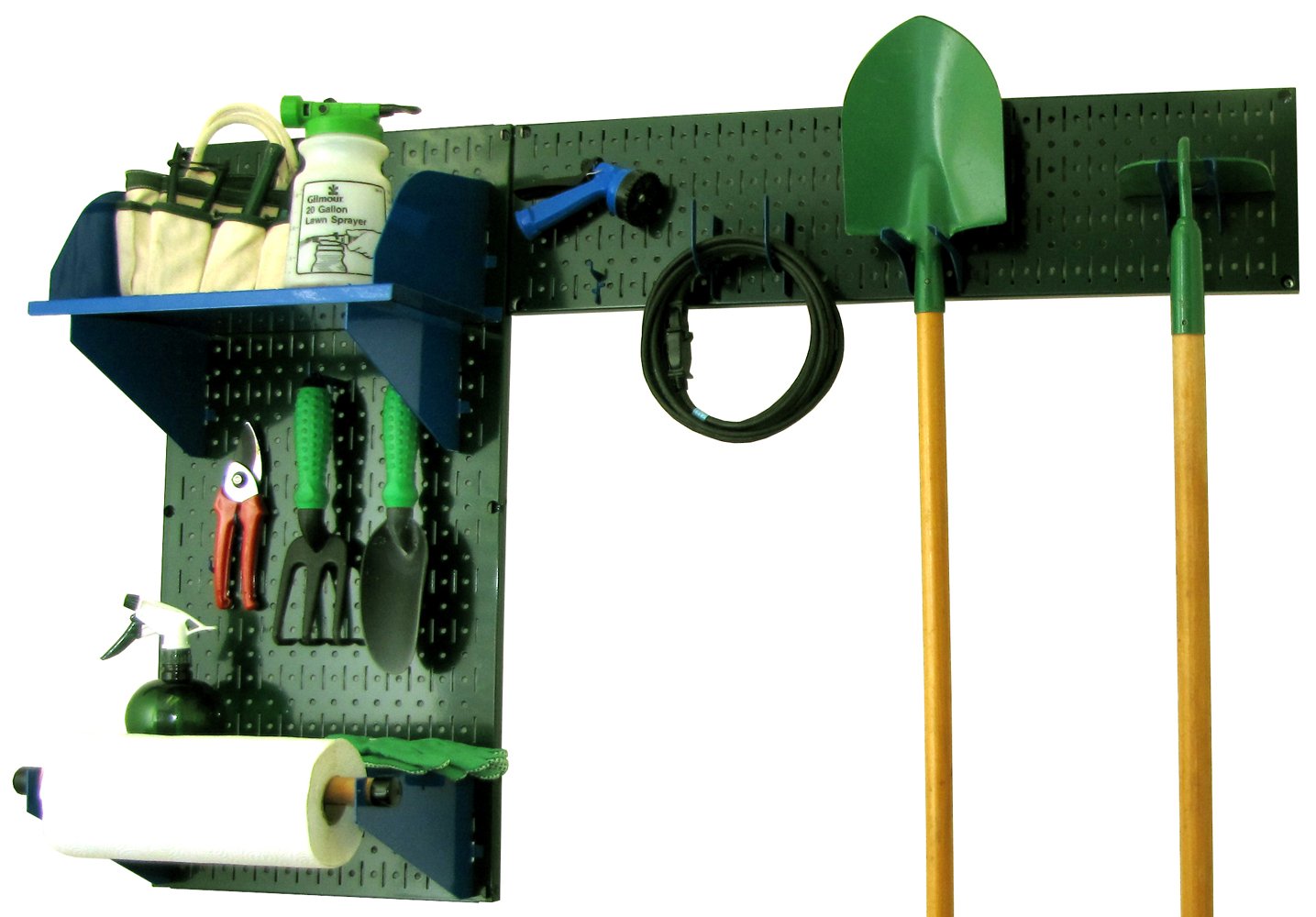 Wall Control Pegboard Garden Tool Organizer Kit - Green Pegboard with Blue Hooks & Accessories for Garage, Shed & Workshop Storage Organization | Perfect for Gardening Tools, DIY Supplies & Home Improvement Projects