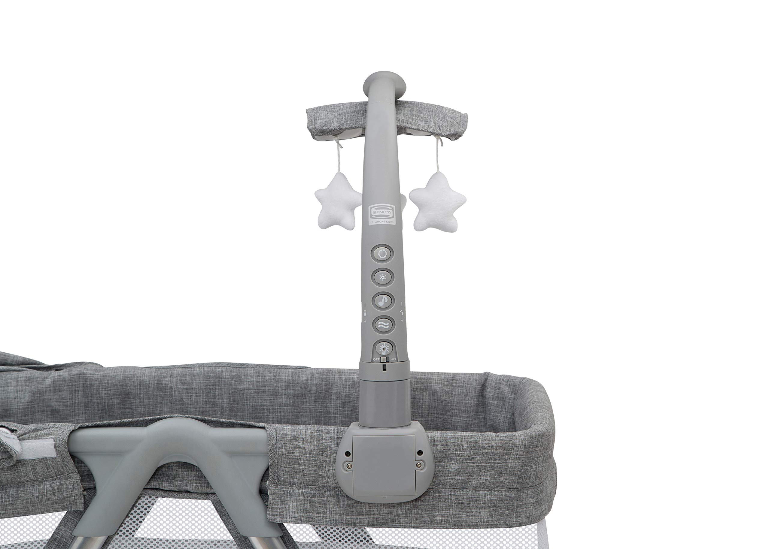 Simmons Kids City Sleeper Portable Bassinet & Bedside Crib with Nightlight, Vibration, Rotating Stars & Activity Mobile - Grey Tweed | Perfect for Newborns & Nursery Room Decor
