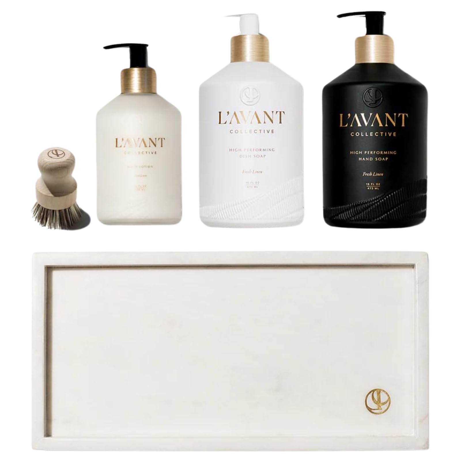 L'AVANT Collective Luxury Sink-Side Starter Bundle - Lucite Vanity Tray, Hand & Dish Soap, Hand Lotion in Reusable Glass Bottles & Bamboo Dish Scrubber | Elegant Kitchen & Bathroom Essentials | Perfect Hostess Gift Set (Fresh Linen Scent) for Home Spa, Bridal Shower & Housewarming Parties