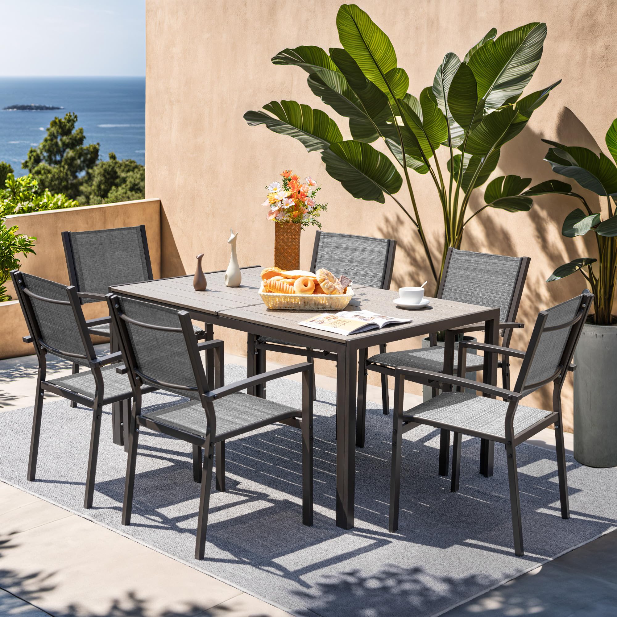 Rankok 6-Piece Stackable Patio Dining Chairs Set - Heavy Duty 290 lbs Capacity Outdoor Textilene Chairs with Armrests for Backyard, Garden, Pool & Lawn - Weather Resistant Grey Furniture (Perfect for Outdoor Entertaining, BBQ Parties & Relaxing by the Pool)