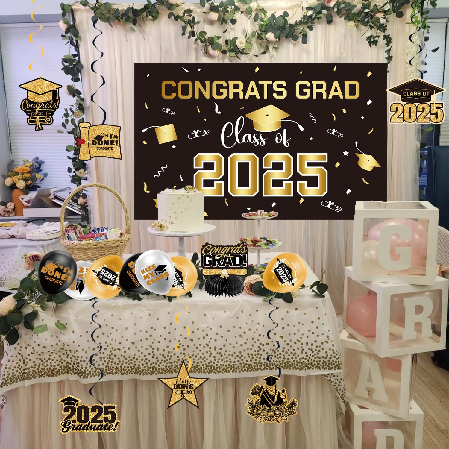 2025 Gold Graduation Decorations Set - Congrats Grad Banner, Class of 2025 Backdrop, Balloons & Streamers Kit - Complete Party Supplies for High School & College Graduation Celebrations | Perfect for Graduation Parties, Photo Booths & Commencement Decor