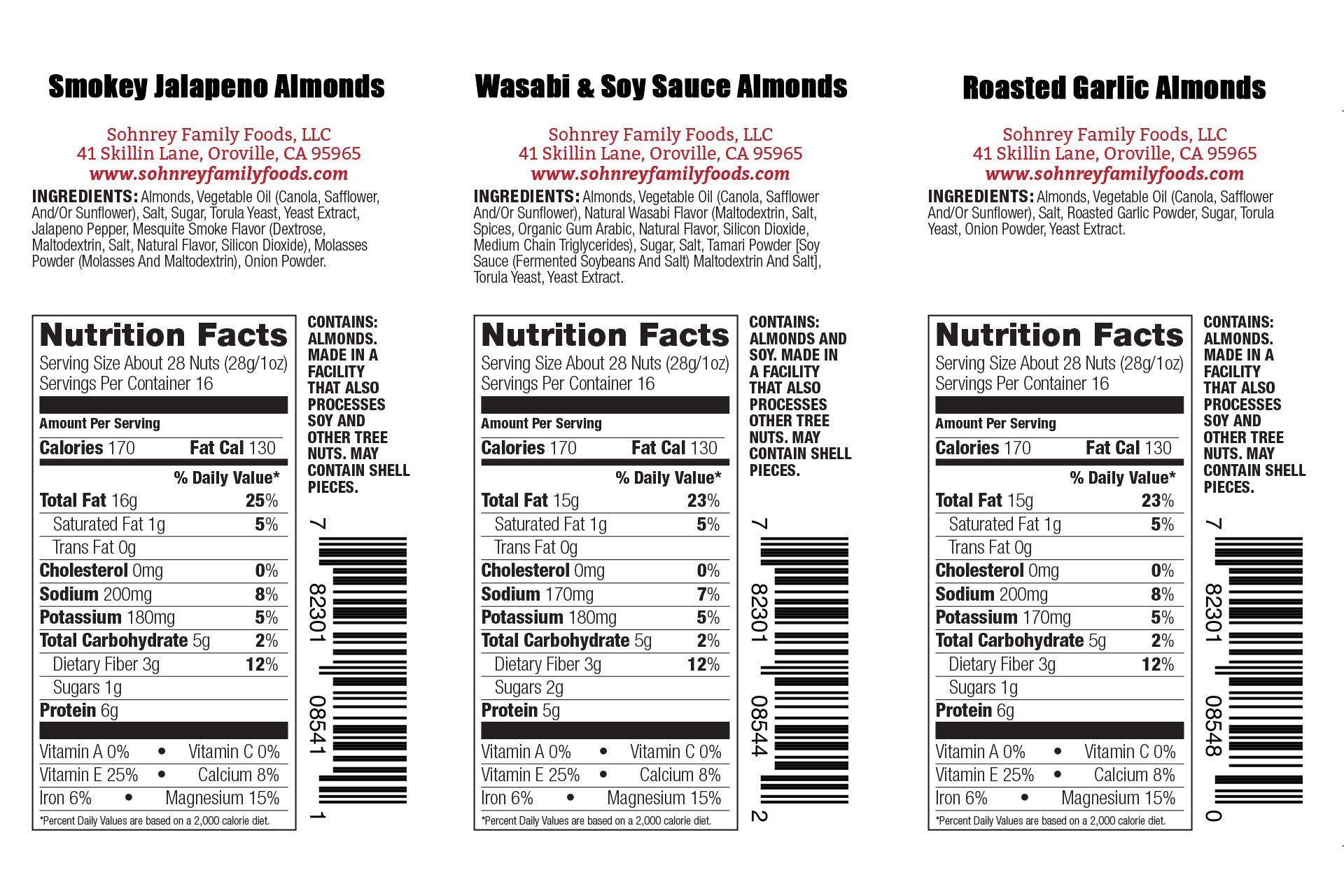 Spicy Roasted Almonds Variety Pack - Smoky Jalapeno, Garlic, Wasabi - Perfect for Parties & Gifts - 16oz (3-Pack)