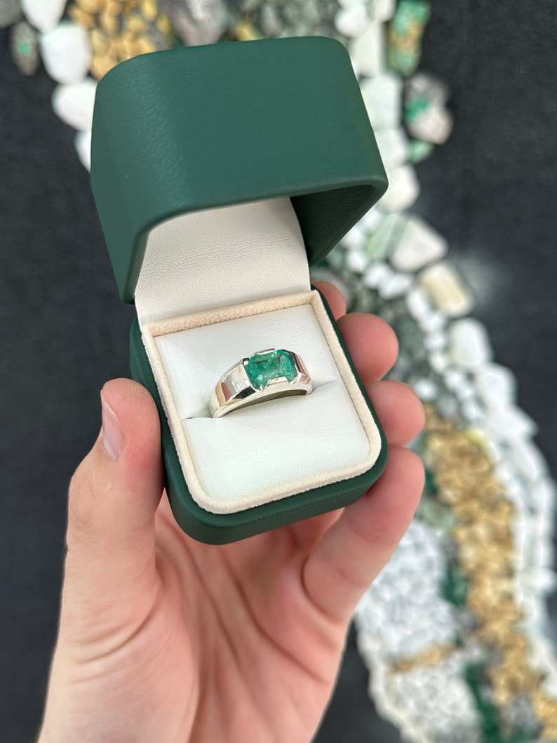 2.40ct Men's Tension Set East-West Emerald Cut Sterling Silver 925 Ring - Perfect for Weddings, Engagements & Anniversary Gifts