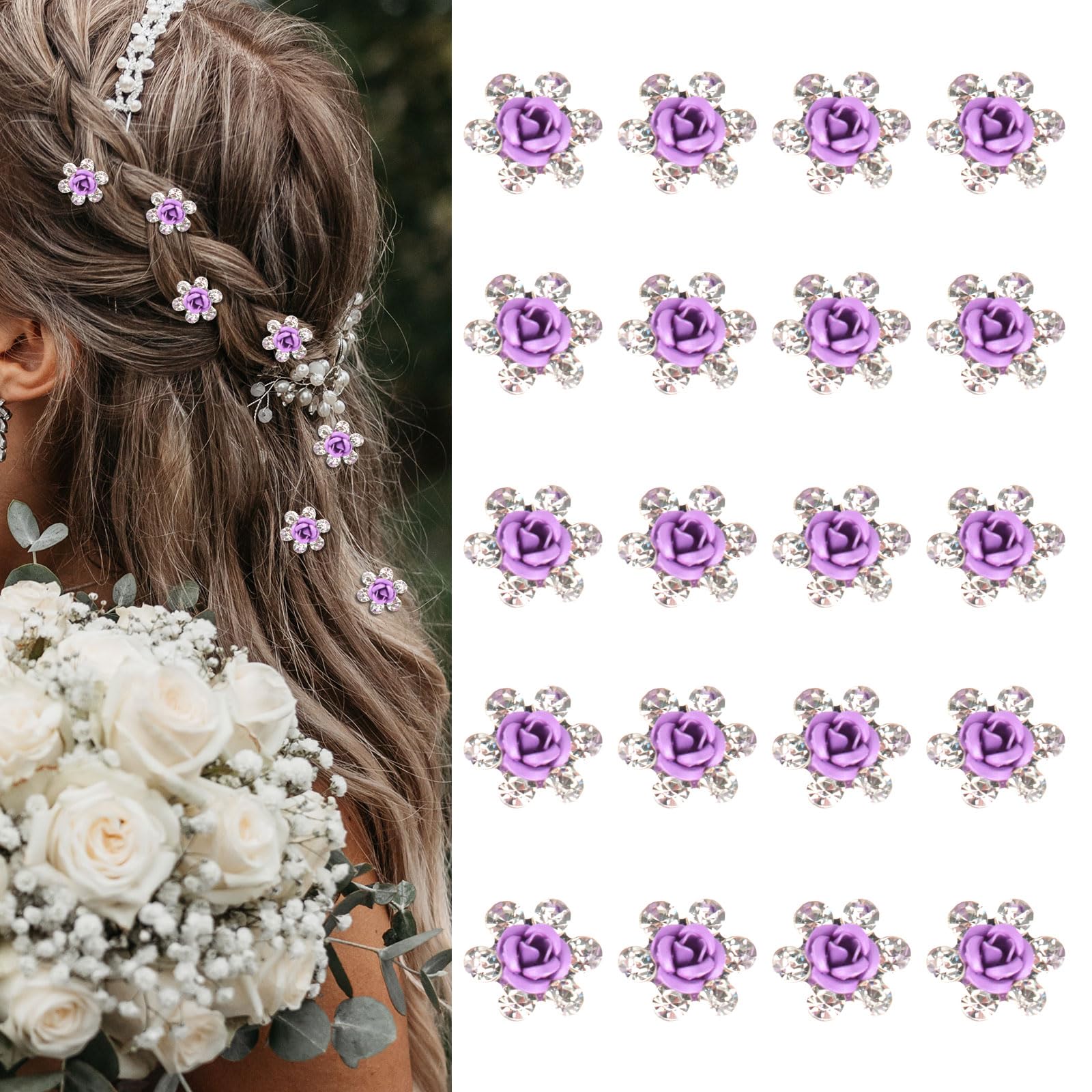 YISSION 20Pcs Mini Purple Flower Hair Clips with Rhinestones - Cute Decorative Hair Pins for Women & Girls - Wedding & Bridal Hair Accessories - Perfect for Parties, Prom, Daily Styling