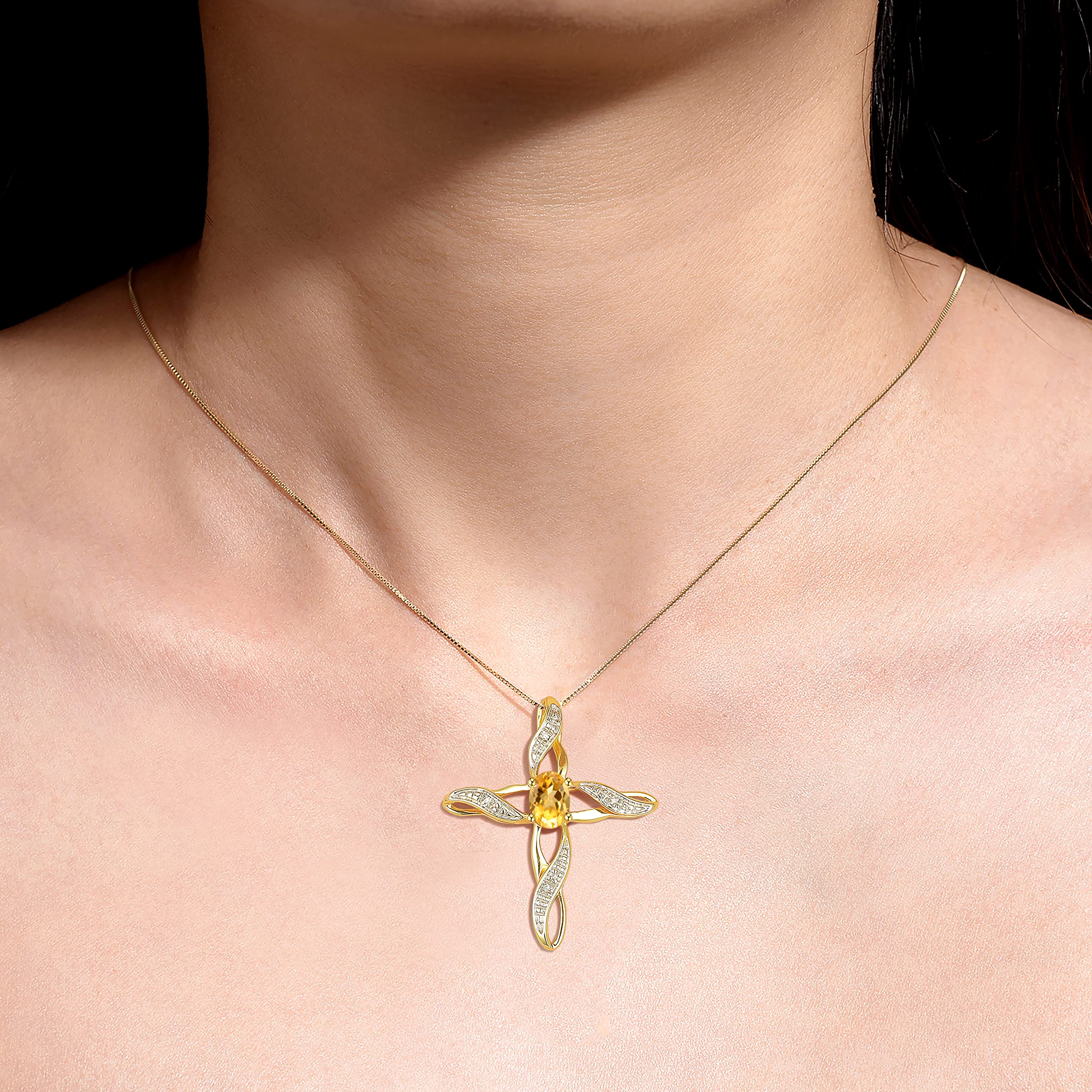 Rylos 925 Sterling Silver Yellow Gold Plated Cross Pendant Necklace with Gemstone & Diamonds - 18