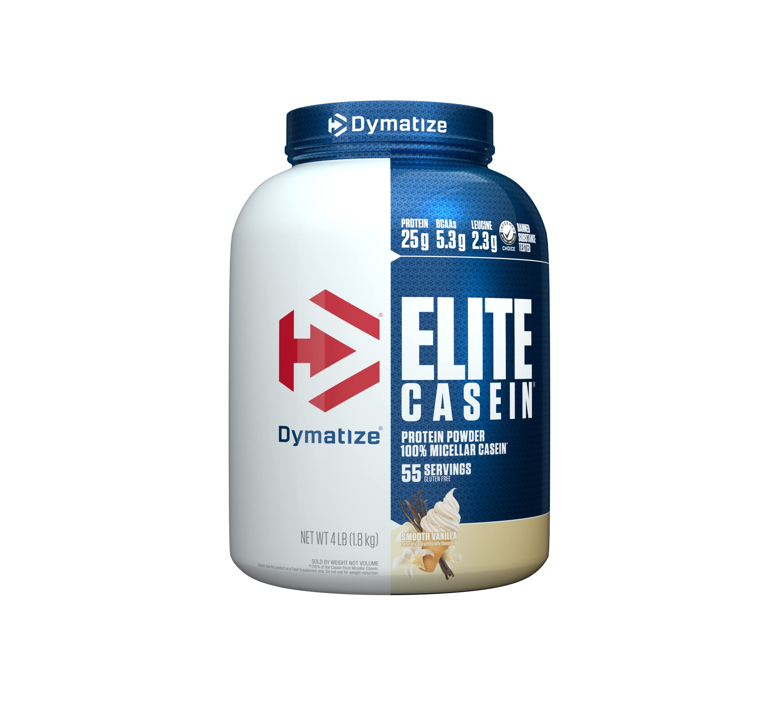 Dymatize Elite 100% Micellar Casein Protein Powder - Slow Digesting for Overnight Muscle Recovery, 25g Protein with 5.4g BCAAs & 2.3g Leucine, Smooth Vanilla Flavor, 4lb (1.81kg) - Perfect for Post-Workout & Bedtime Muscle Repair