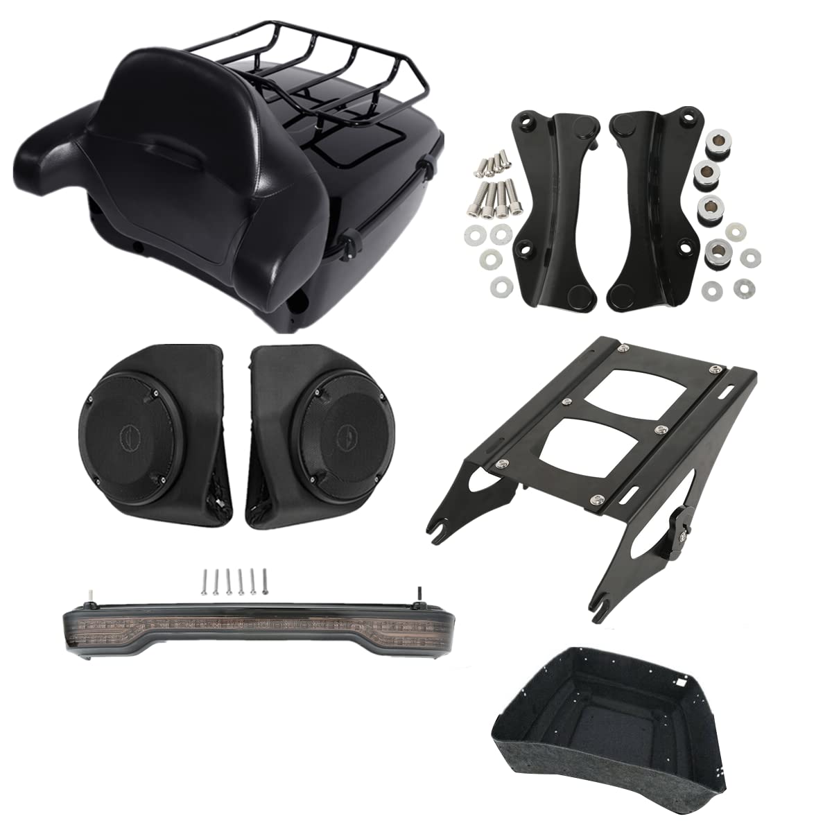 Vivid Black King Pack Trunk Rack with LED Lights & Speakers for Harley Touring Models - Road Glide, Street Glide Special, FLHXS, Electra Glide Ultra Classic 2014-2025 - Perfect for Long-Distance Rides & Custom Touring Setups