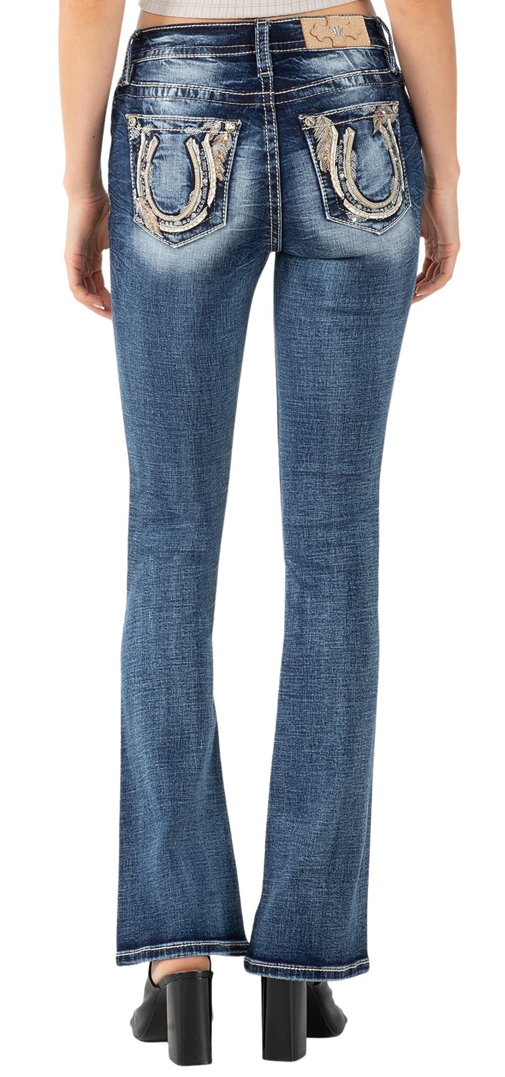 Miss Me Women's Mid Rise Feather & Broken Horseshoe Boot Cut Jeans - Stylish Denim Pants for Casual Wear, Night Out & Western Fashion