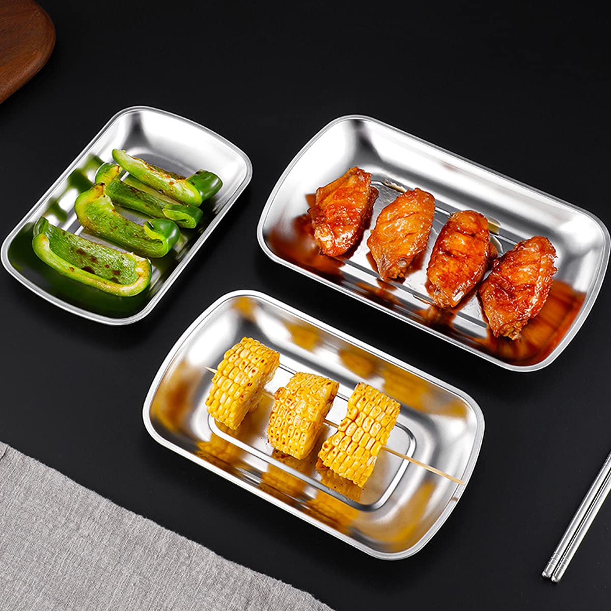 3-Piece Stainless Steel Dinner Plate Set - 304 Food-Grade Rectangular Metal Plates for Adults & Kids (7.1