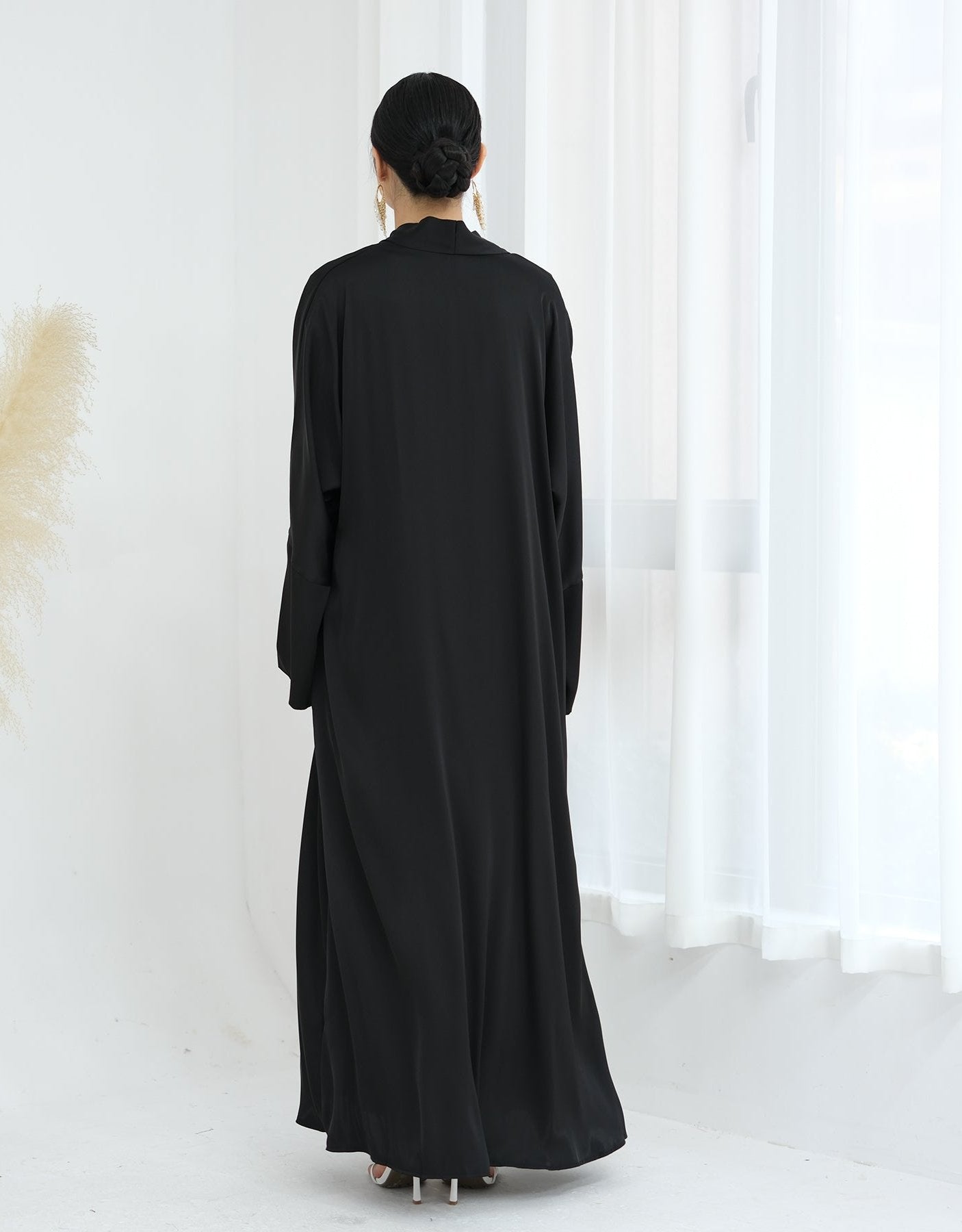 Lavinia Satin Open Abaya Dress for Women - Elegant Muslim Abaya Robe - Black Islamic Prayer Dress for Mosque, Eid & Special Occasions