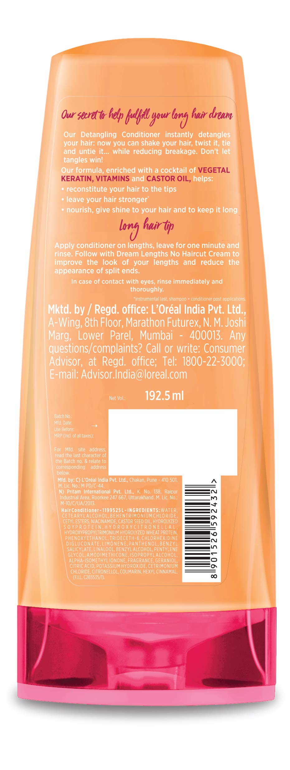 L'Oréal Paris Dream Lengths Nourishing & Repairing Conditioner for Long, Damaged Hair - 180ml (Pack of 2) | Deep Hydration & Shine | Salon-Quality Hair Care for Dry, Brittle Hair | Perfect for Daily Use & Post-Color Treatment