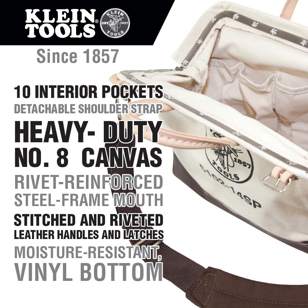 Klein Tools 5102-14SP 14-Inch Professional Tool Bag with 10 Interior Pockets & Detachable Shoulder Strap - Perfect for Electricians, Plumbers & DIY Hand Tool Organization