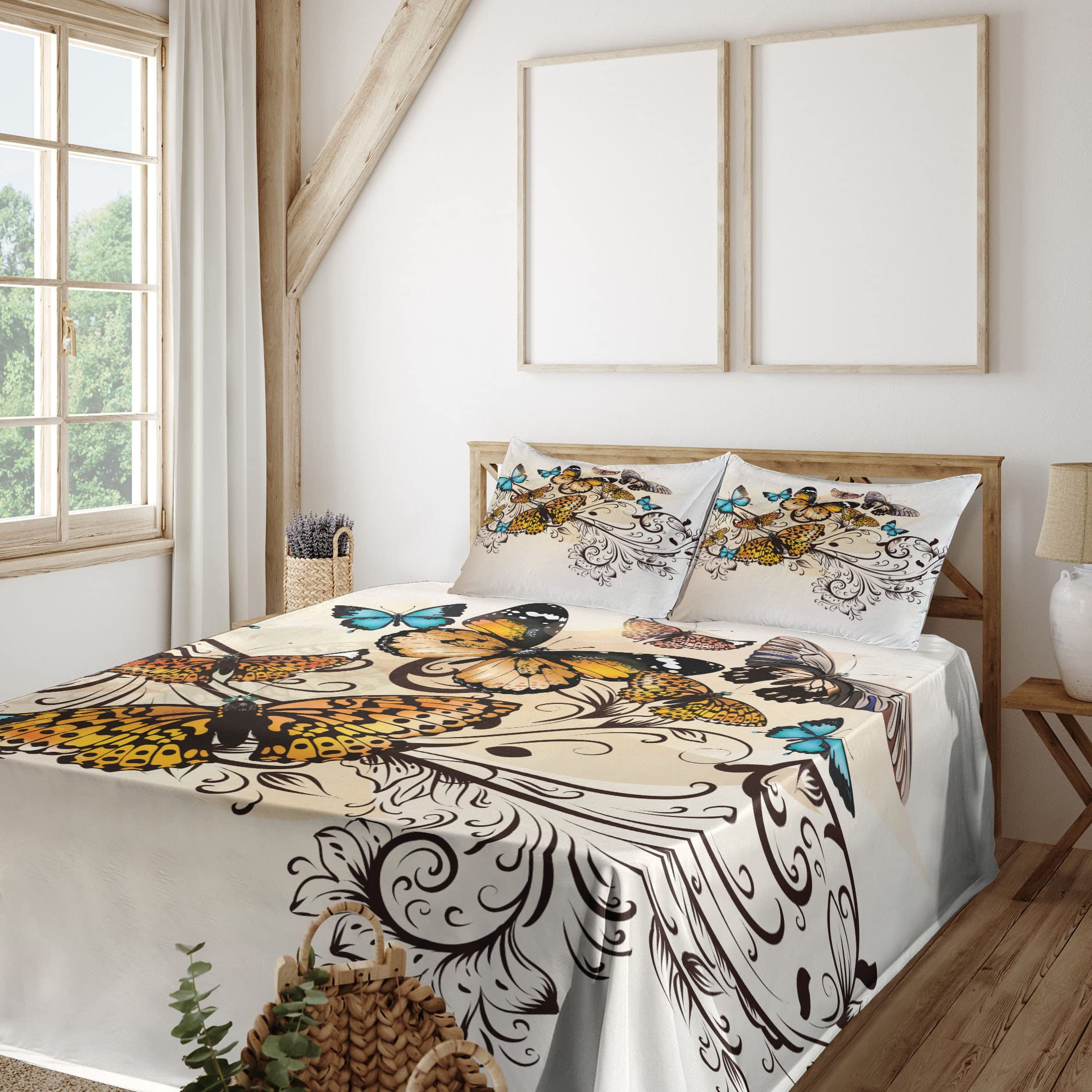 Ambesonne Monarch Butterfly Bed Sheet Set - Vintage Damask Design 4-Piece King Size with Fitted Sheet, Flat Sheet & Pillowcases in Pale Brown & Sky Blue | Perfect for Master Bedroom, Guest Room & Bohemian Home Decor