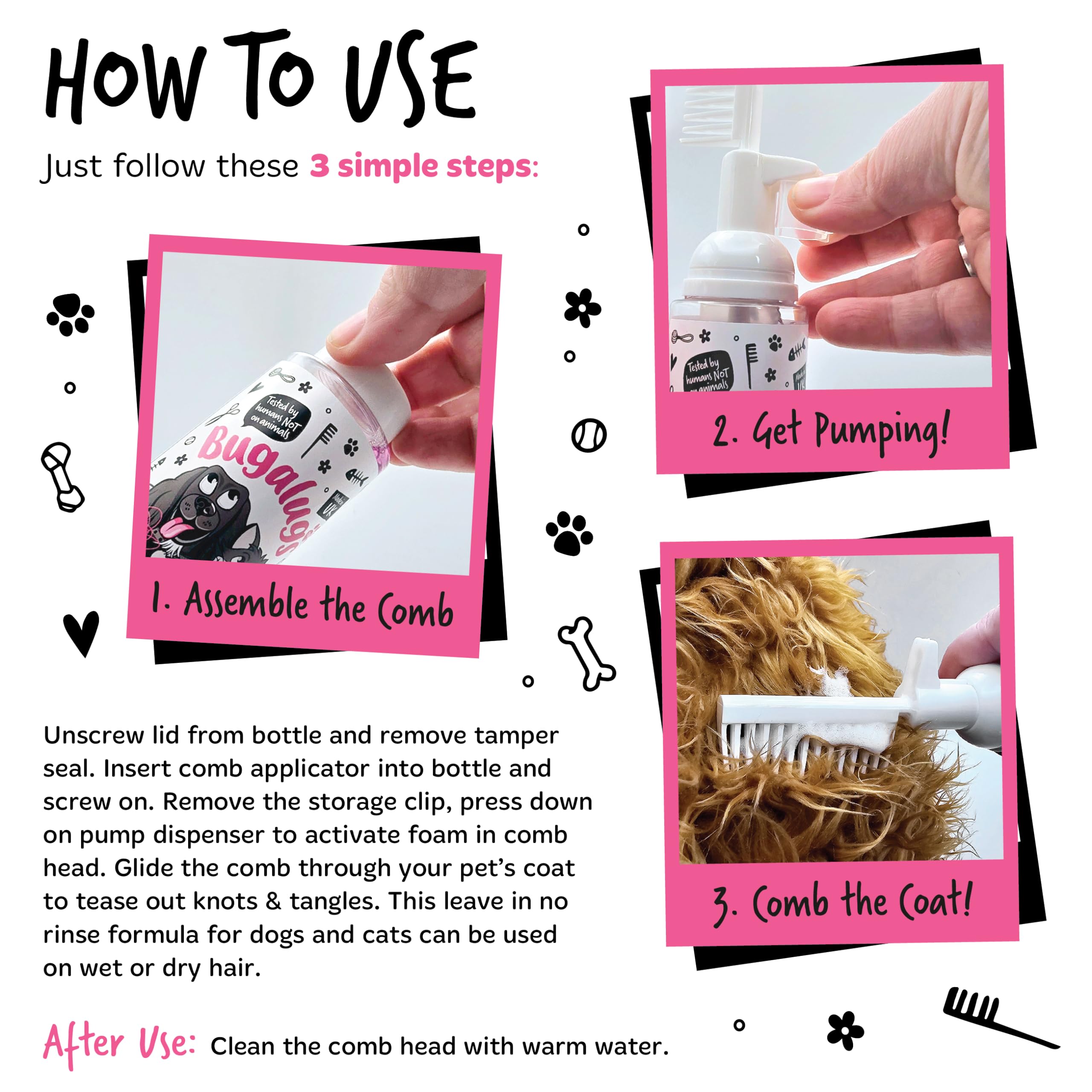 Bugalugs Pet Detangler Foam Comb - Leave-In Conditioner Spray for Dog Grooming, Detangling & Knot Removal with Wheat Protein (Baby Fresh Scent) - Perfect for Daily Coat Care & Professional Grooming Sessions