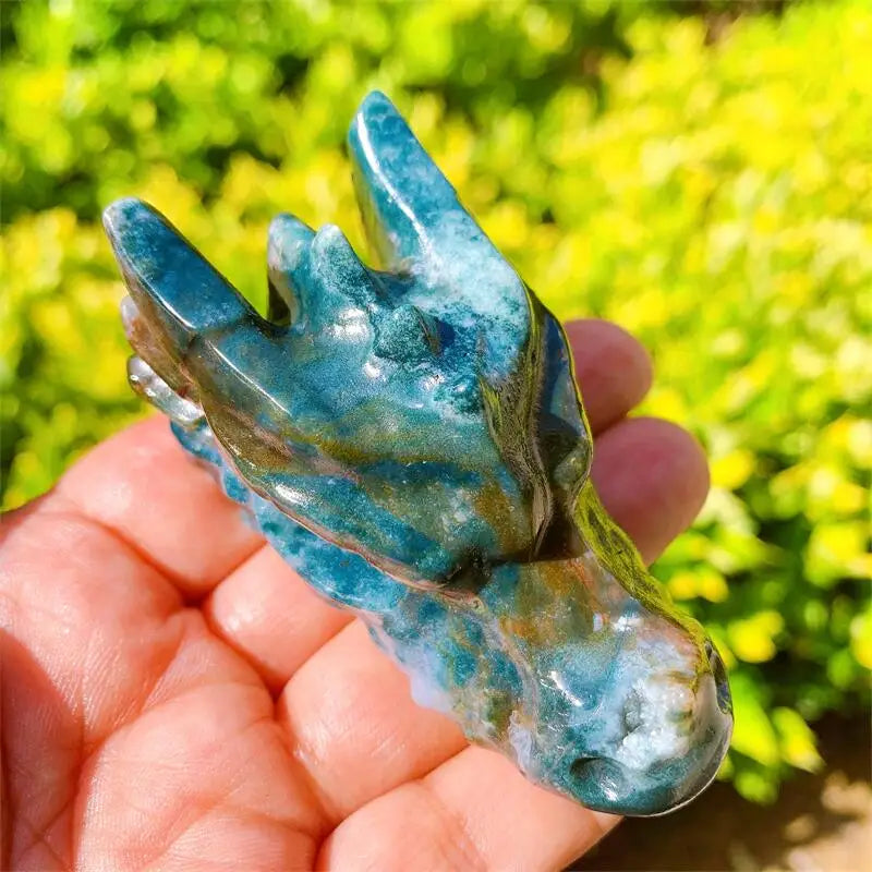 3 Inch Natural Ocean Jasper Dragon Skull Carving - Handcrafted Healing Crystal for Wicca Decor, Home Decoration & Spiritual Gifts | Feng Shui Energy Stone for Meditation, Altar Display & Positive Vibes