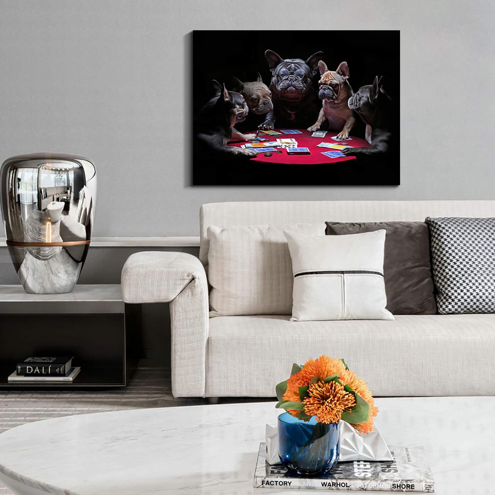 Denozer - Dogs Playing Poker by Cassius Marcellus Coolidge Oil Painting Reproduction - 48x36 Inch Giclee Canvas Print, Gallery Wrapped & Ready to Hang - Entertainment Room, Game Room, Bar & Man Cave Wall Art Decor