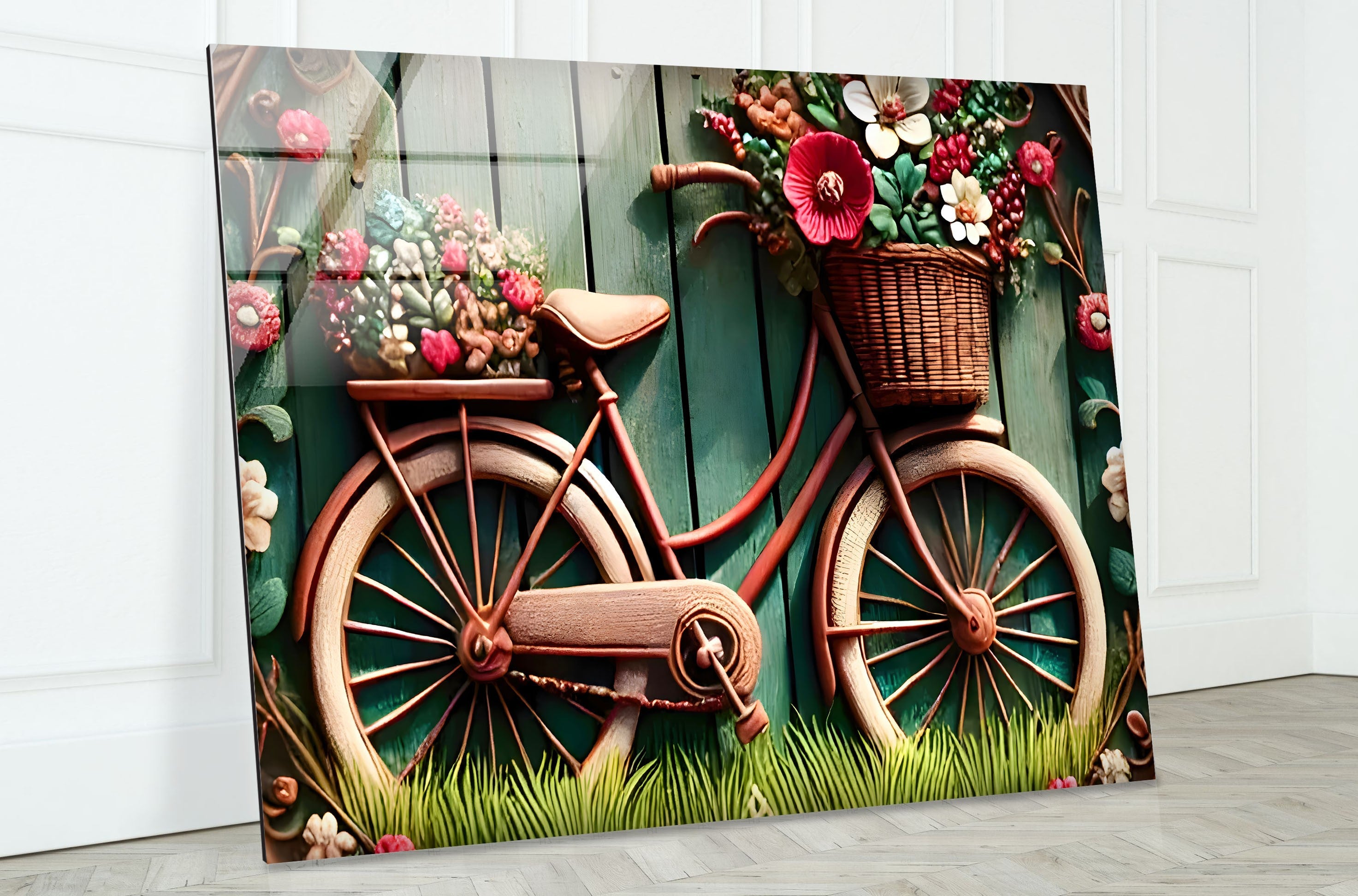 Floral Bicycle Glass Wall Art - Handmade Stained Glass Decor for Home, Living Room, Bedroom, Office - Perfect Gift for Housewarming, Wedding, Birthday
