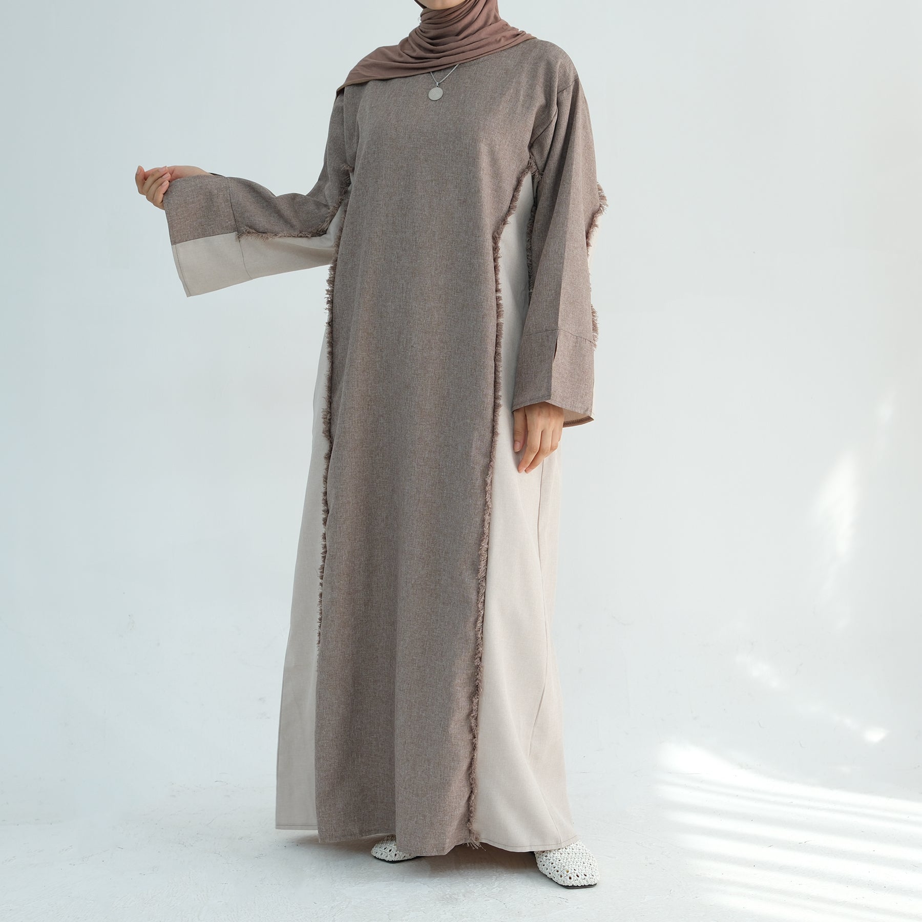 Blair Fringe Abaya Dress in Taupe - Elegant Islamic Modest Dress for Women, Perfect for Prayer, Eid, and Special Occasions