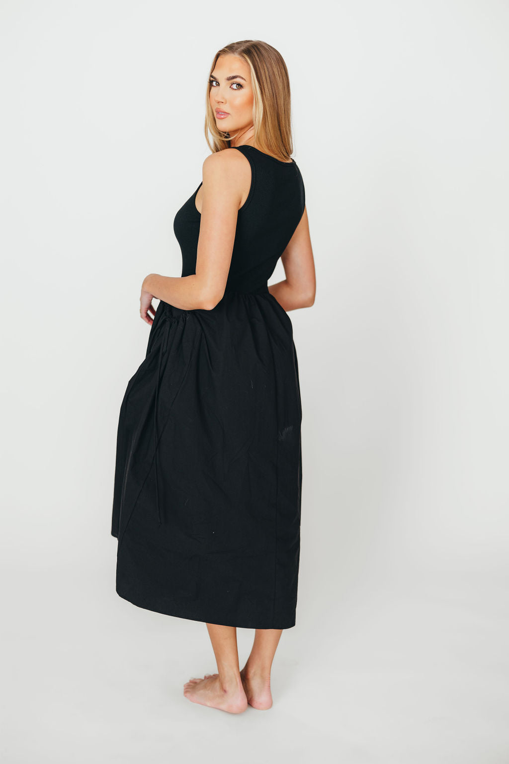 Lucca Midi Dress for Women - Elegant Black Knee-Length Dress with Flowy Silhouette | Perfect for Office Wear, Date Night & Special Occasions