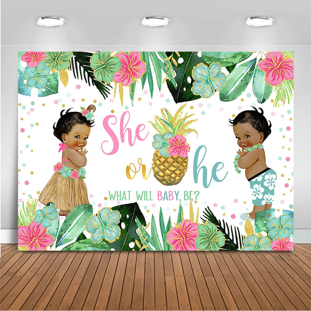 Tropical Aloha Gender Reveal Backdrop - 8x6ft Hawaiian Luau Party Decor with Pineapple & Palm Leaves for Baby Shower Photography (Pink/Green, 96x72 inches) | Perfect for Gender Reveal Parties, Baby Showers & Tropical-Themed Events