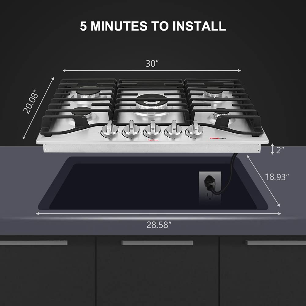 30 Inch Built-In Gas Cooktop - 5 High Efficiency SABAF Burners with Flame Out Protection | 304 Stainless Steel Gas Stove | NG/LPG Convertible | CSA Certified | Perfect for Modern Kitchens & Professional Cooking